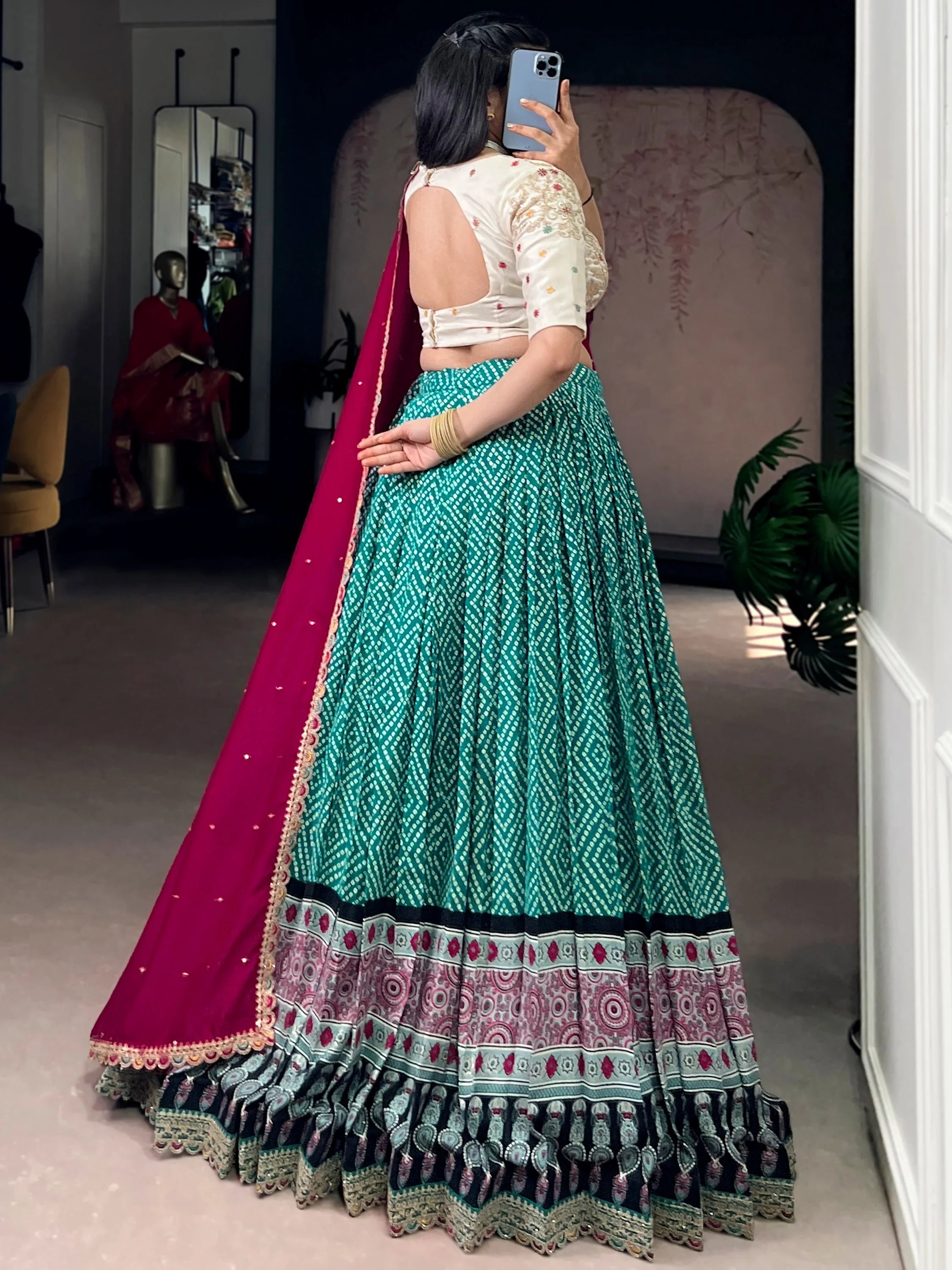 Green Rayon Bandhani Printed Wedding Lehenga Choli for Women