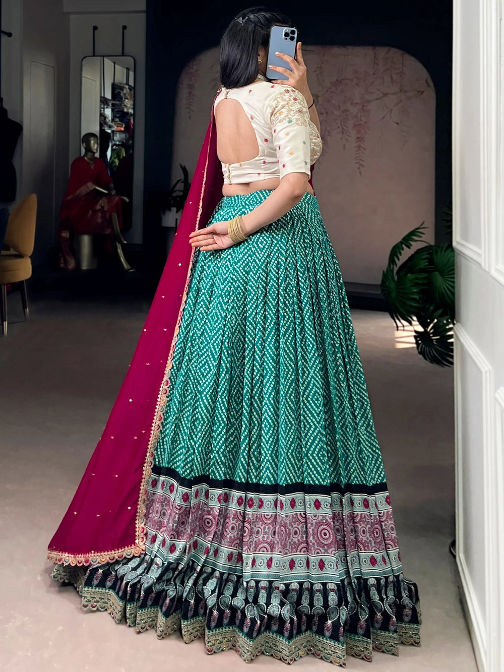 Green Rayon Bandhani Printed Wedding Lehenga Choli for Women
