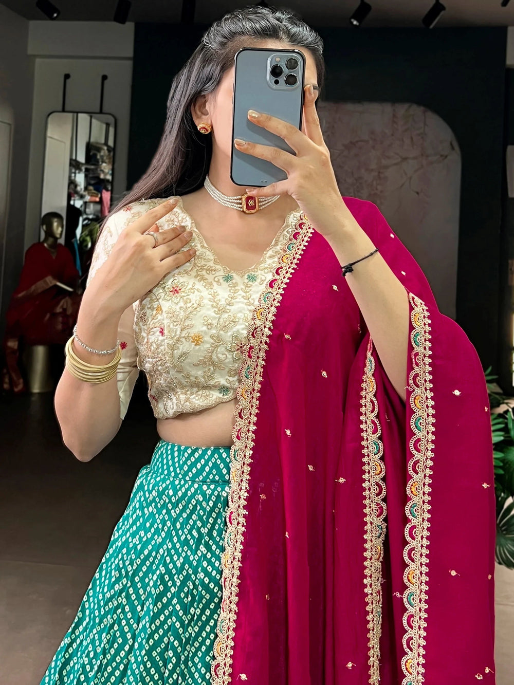 Green Rayon Bandhani Printed Wedding Lehenga Choli for Women
