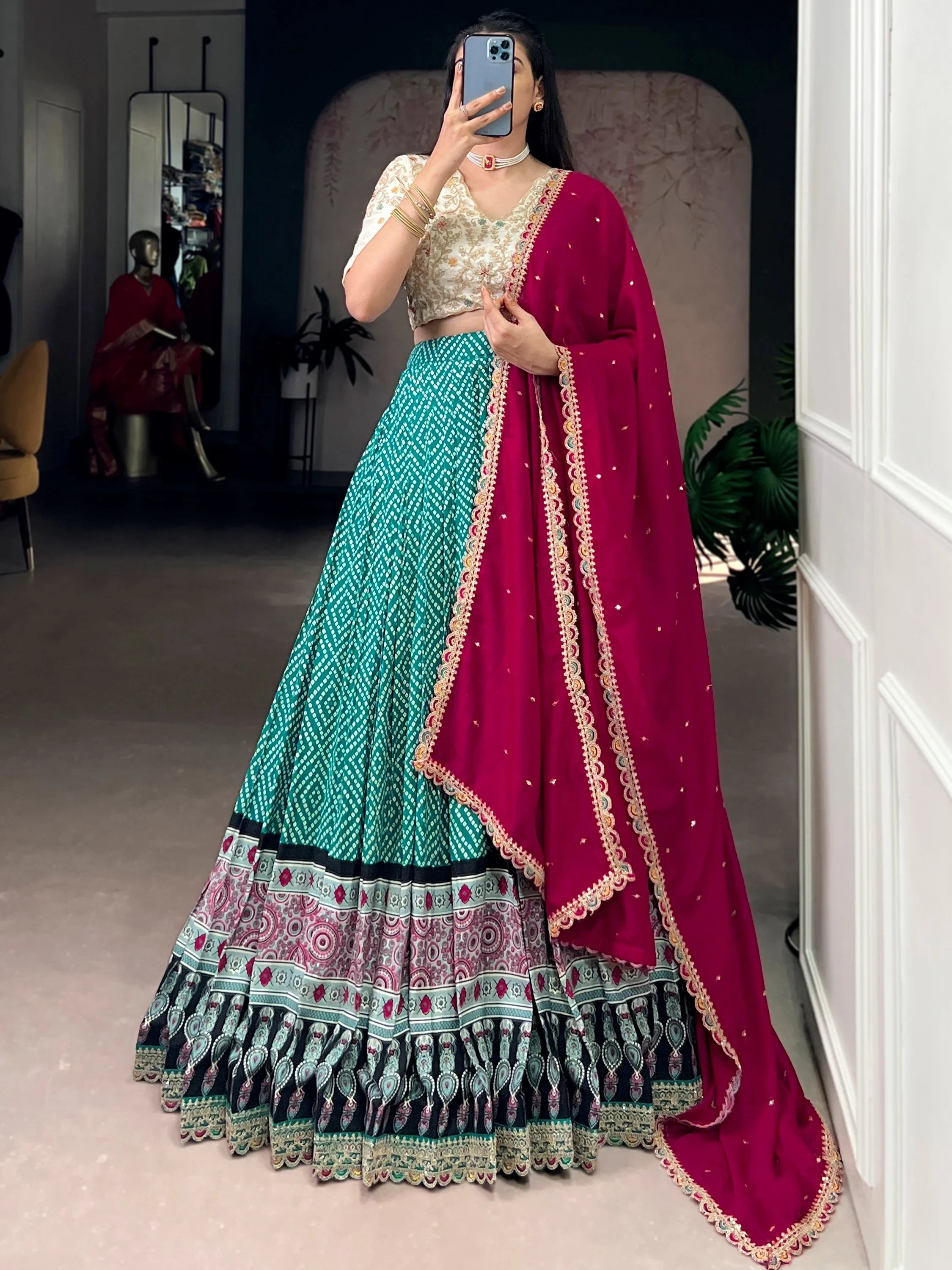 Green Rayon Bandhani Printed Wedding Lehenga Choli for Women