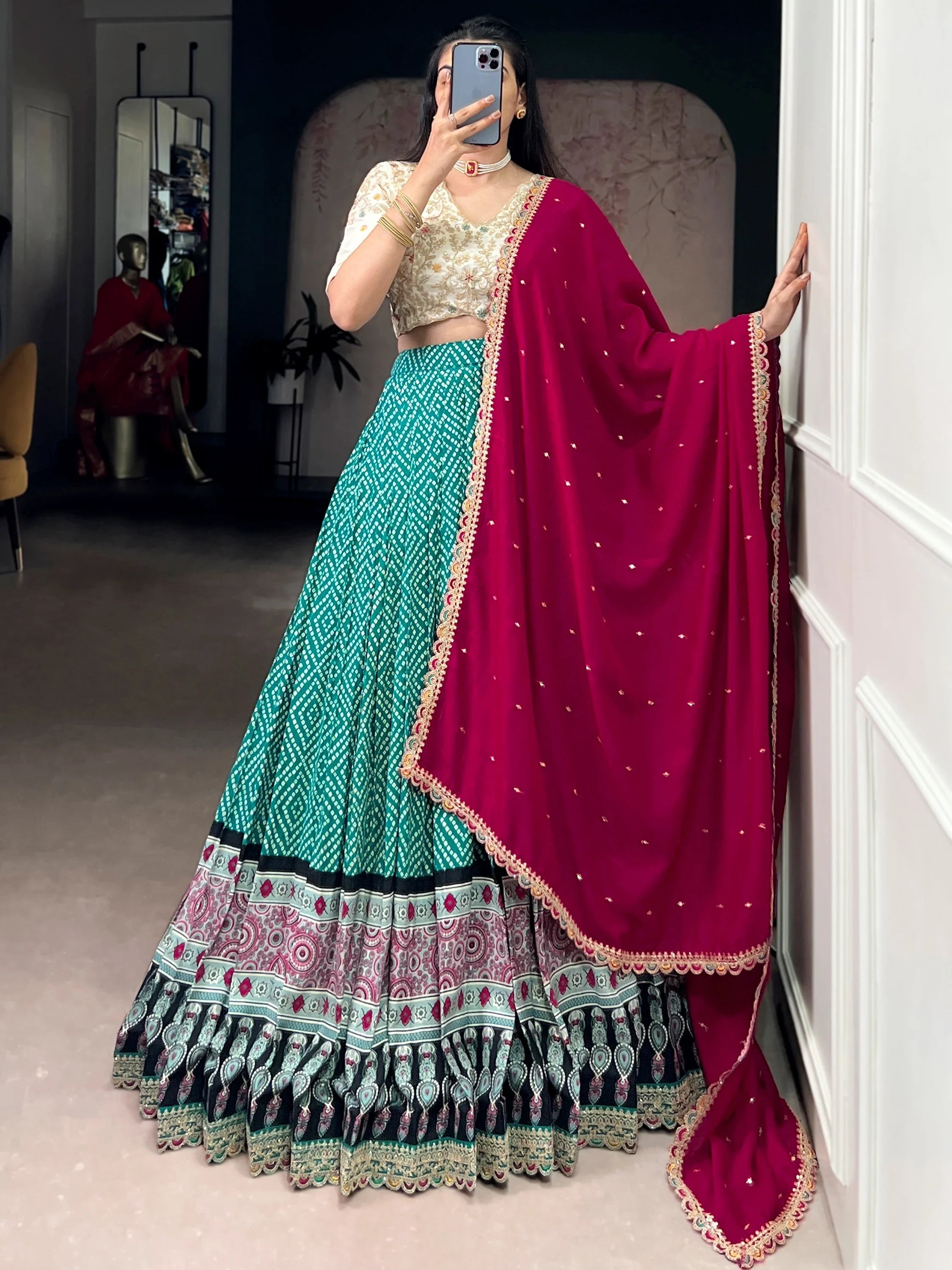 Green Rayon Bandhani Printed Wedding Lehenga Choli for Women