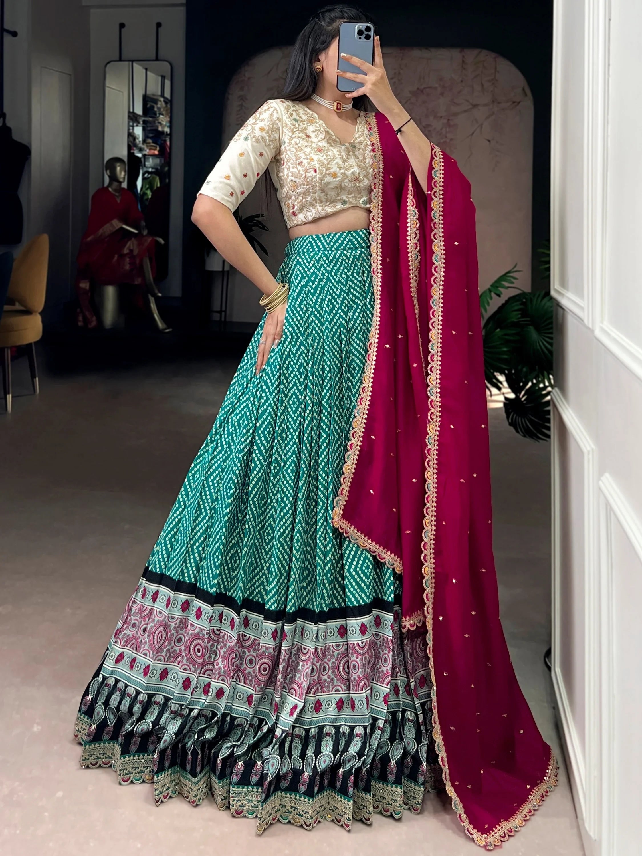 Green Rayon Bandhani Printed Wedding Lehenga Choli for Women
