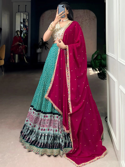 Green Rayon Bandhani Printed Wedding Lehenga Choli for Women