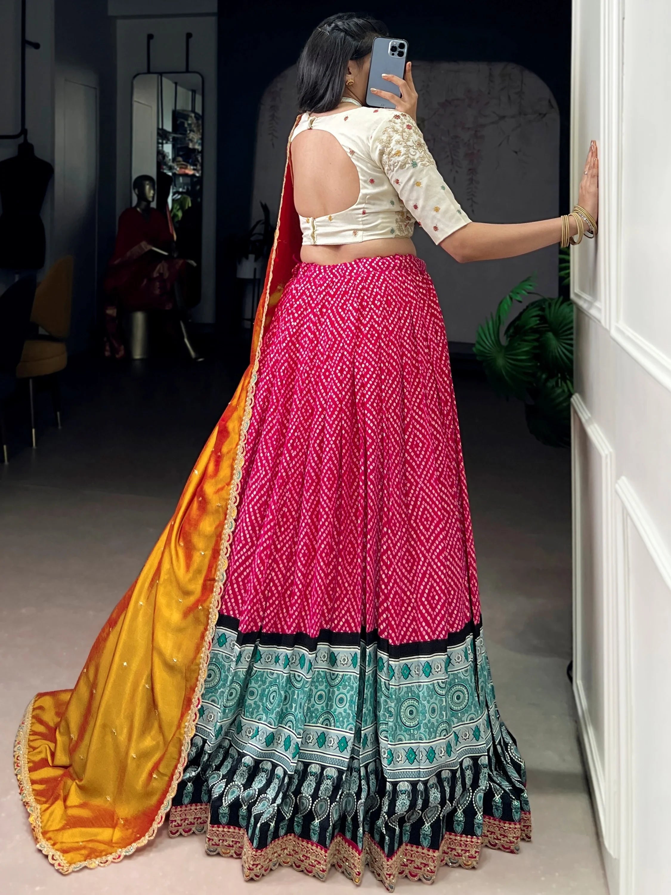 Pink Rayon Bandhani Printed Festival Wear Lehenga Choli