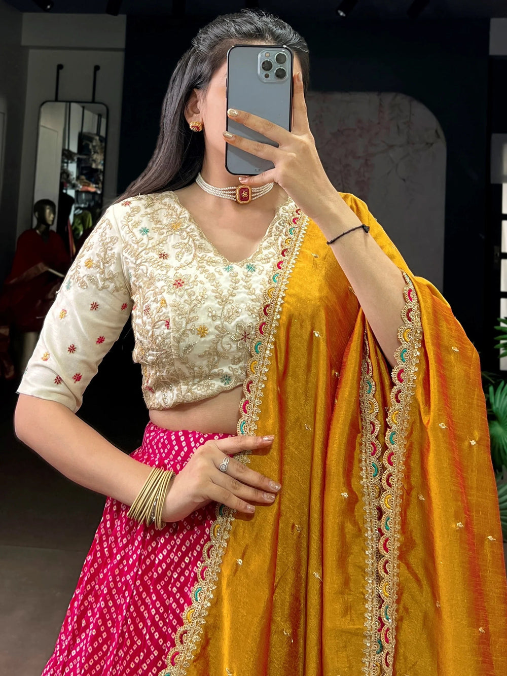 Pink Rayon Bandhani Printed Festival Wear Lehenga Choli