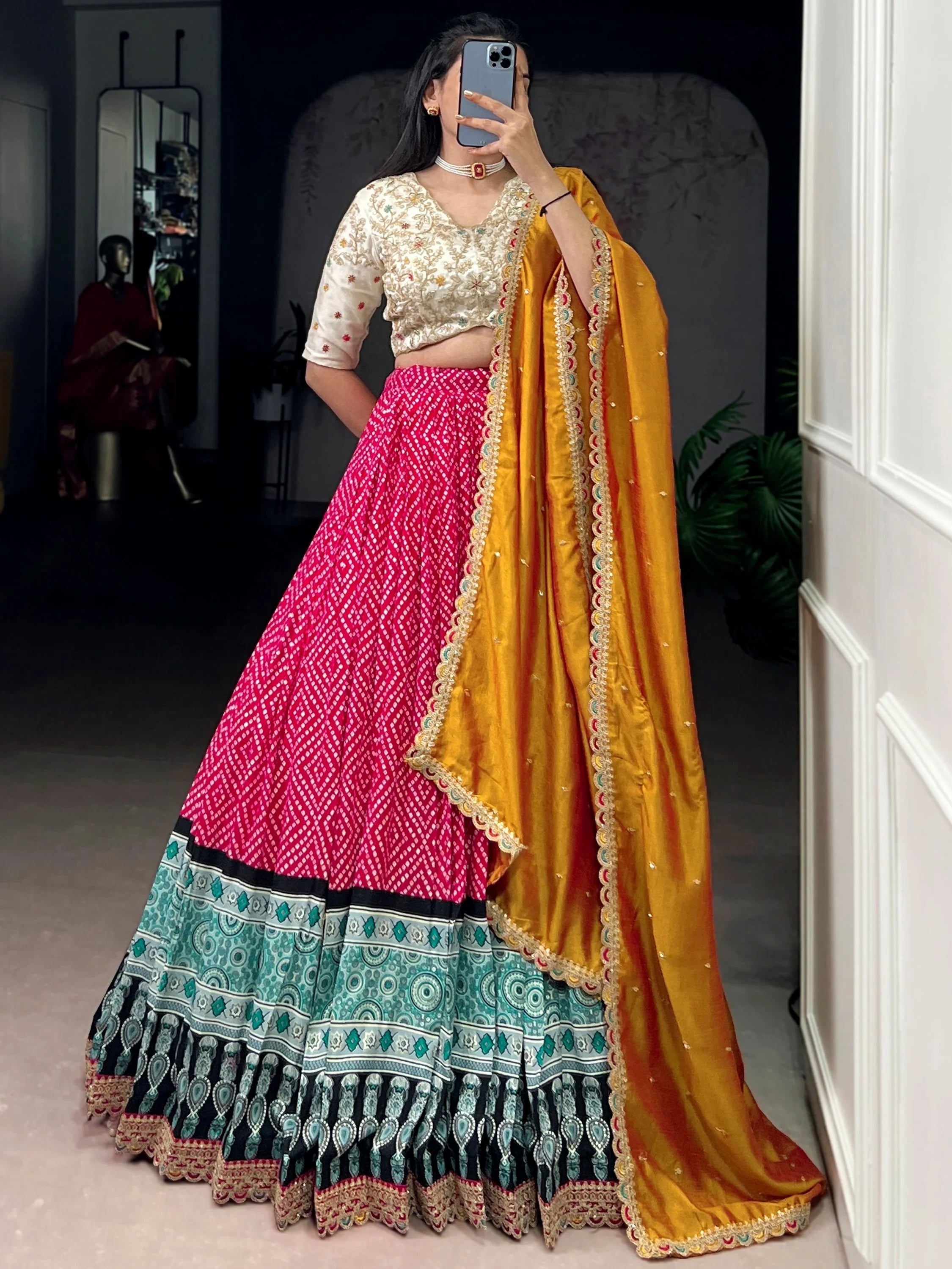 Pink Rayon Bandhani Printed Festival Wear Lehenga Choli