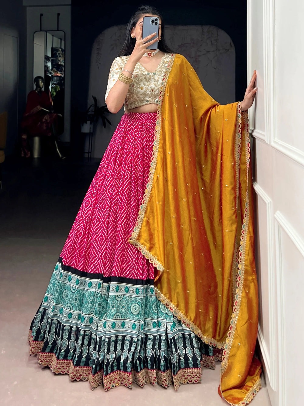 Pink Rayon Bandhani Printed Festival Wear Lehenga Choli