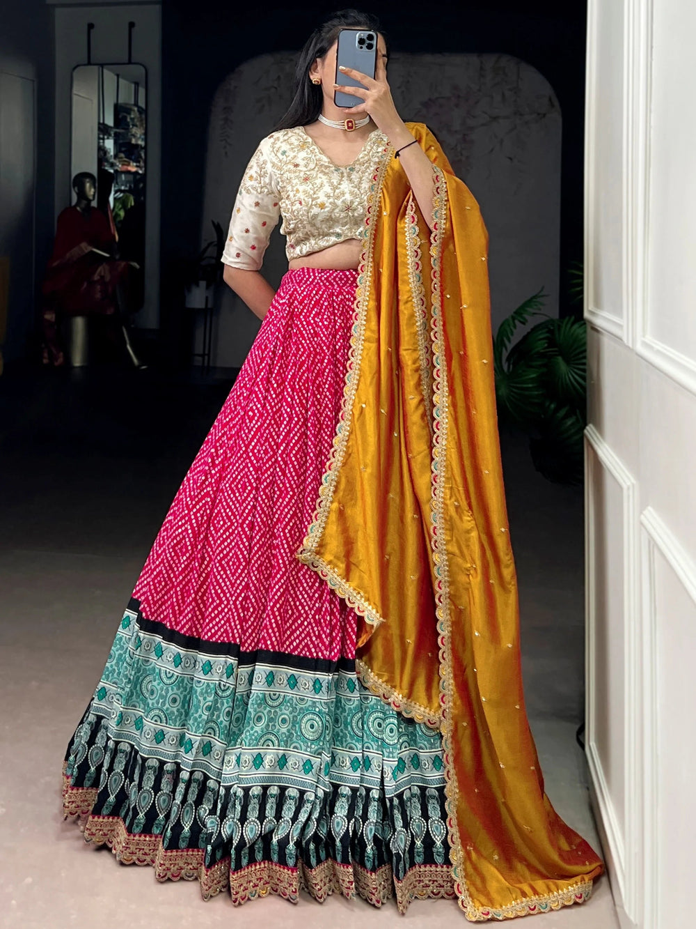 Pink Rayon Bandhani Printed Festival Wear Lehenga Choli