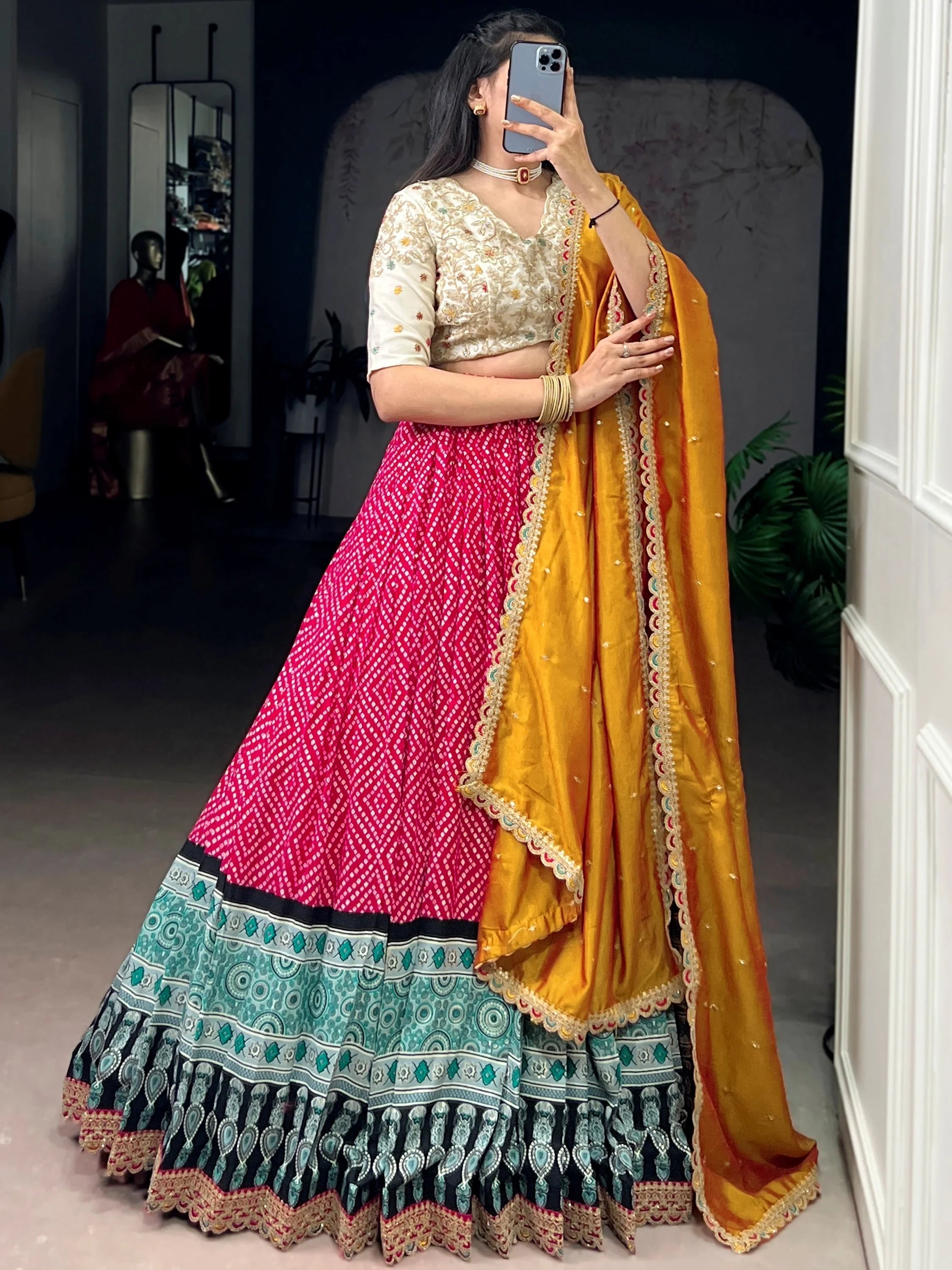 Pink Rayon Bandhani Printed Festival Wear Lehenga Choli