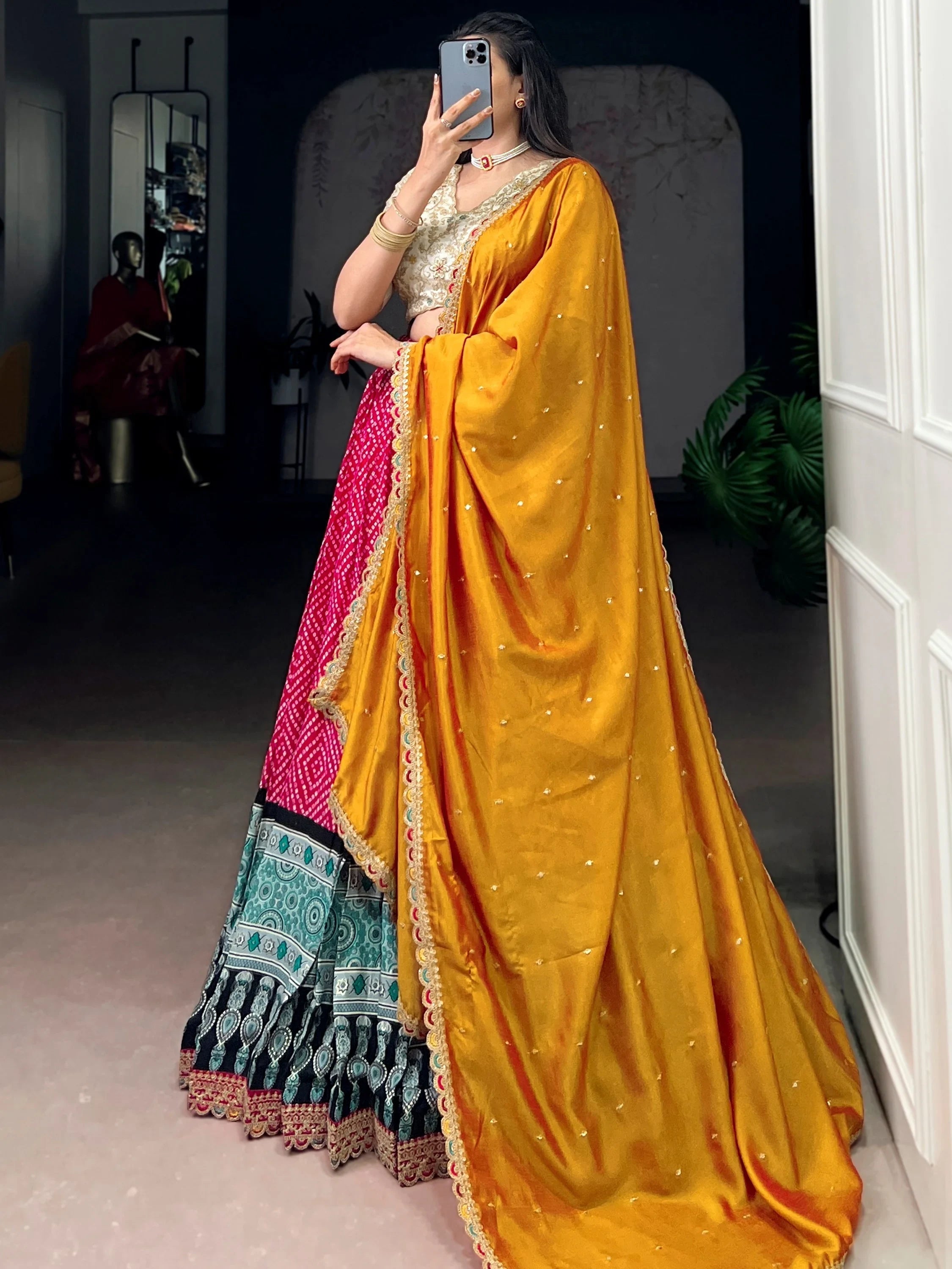 Pink Rayon Bandhani Printed Festival Wear Lehenga Choli