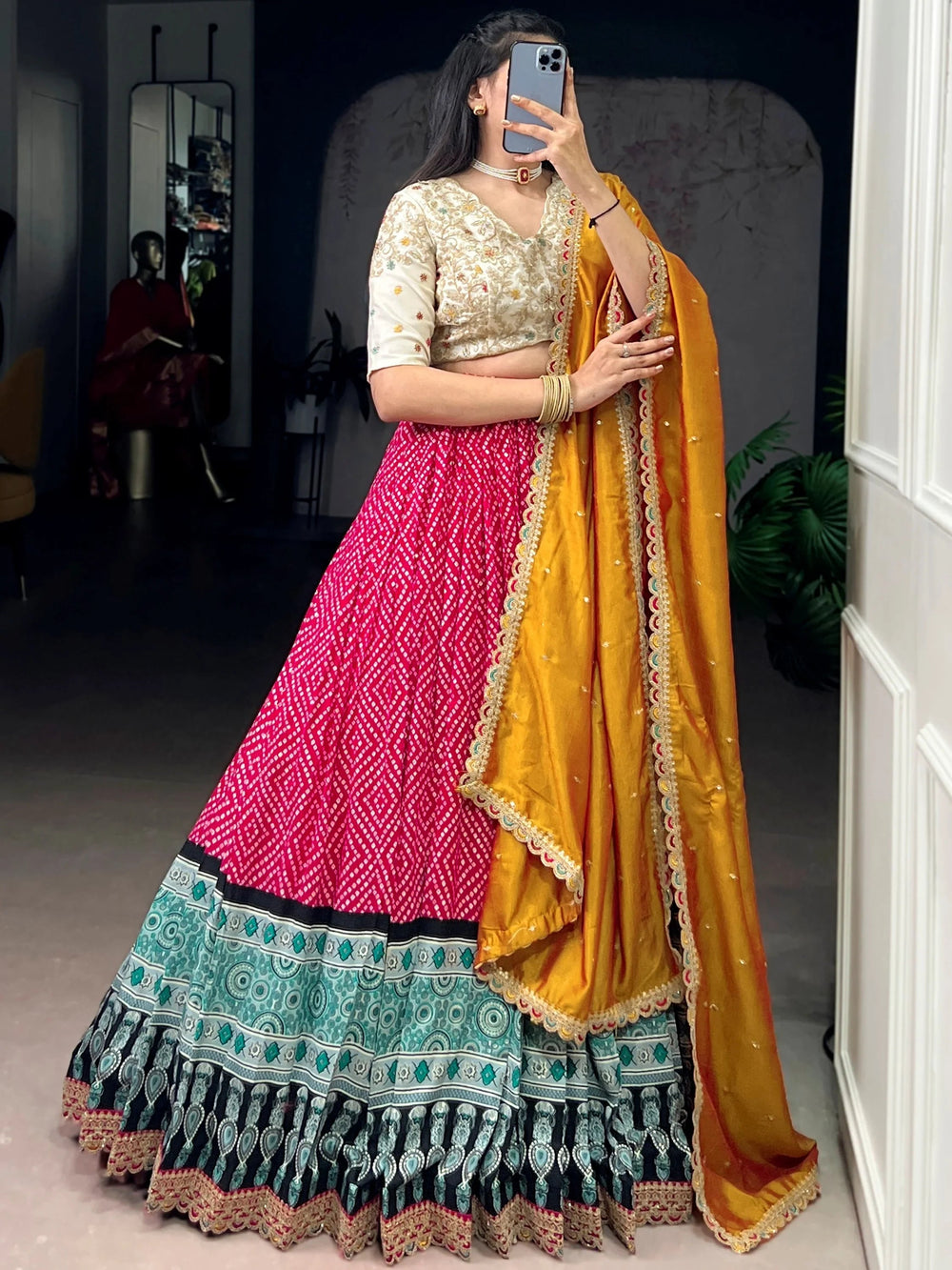 Pink Rayon Bandhani Printed Festival Wear Lehenga Choli