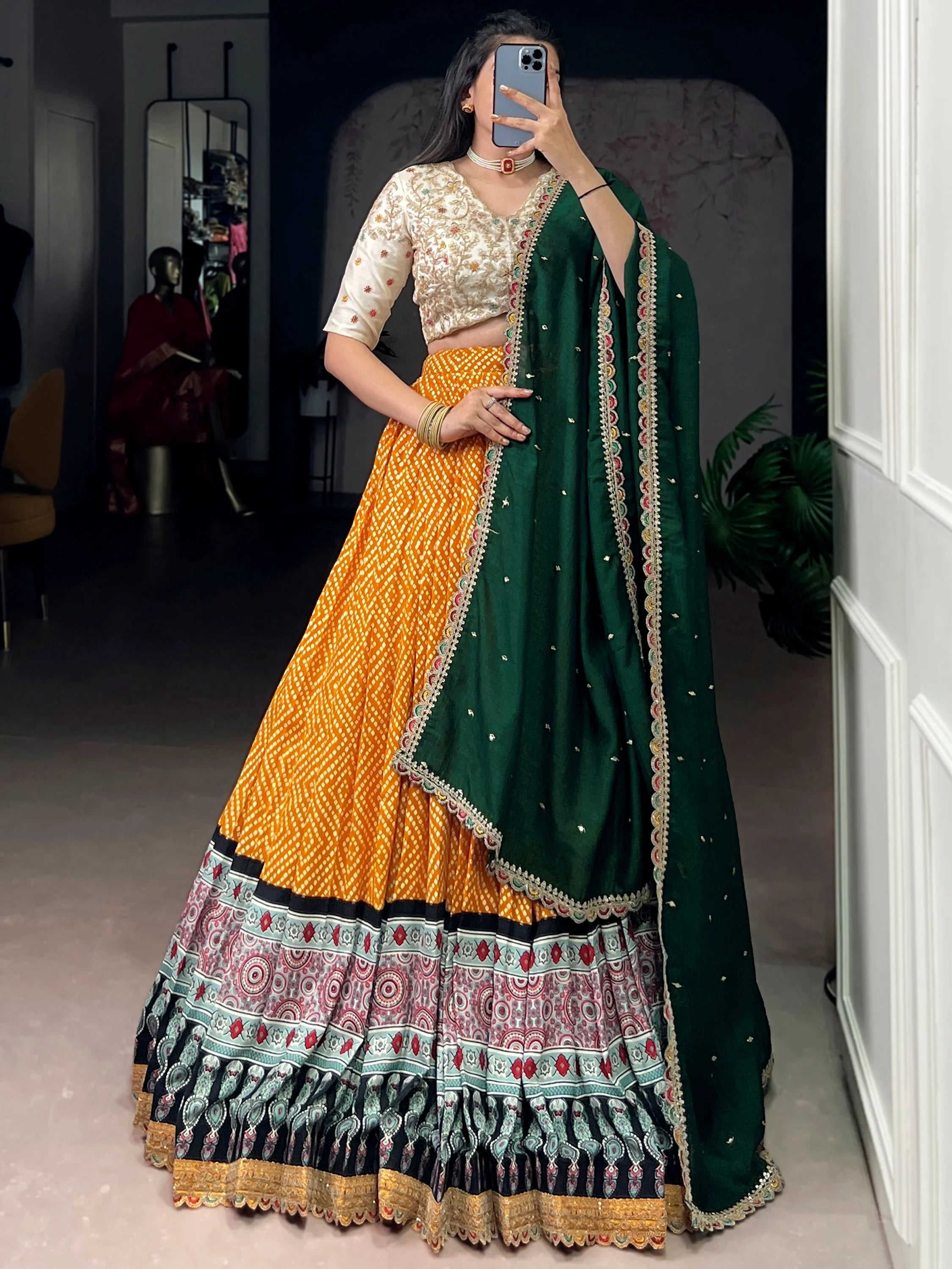 Yellow Rayon Bandhani Printed Haldi Wear Lehenga Choli