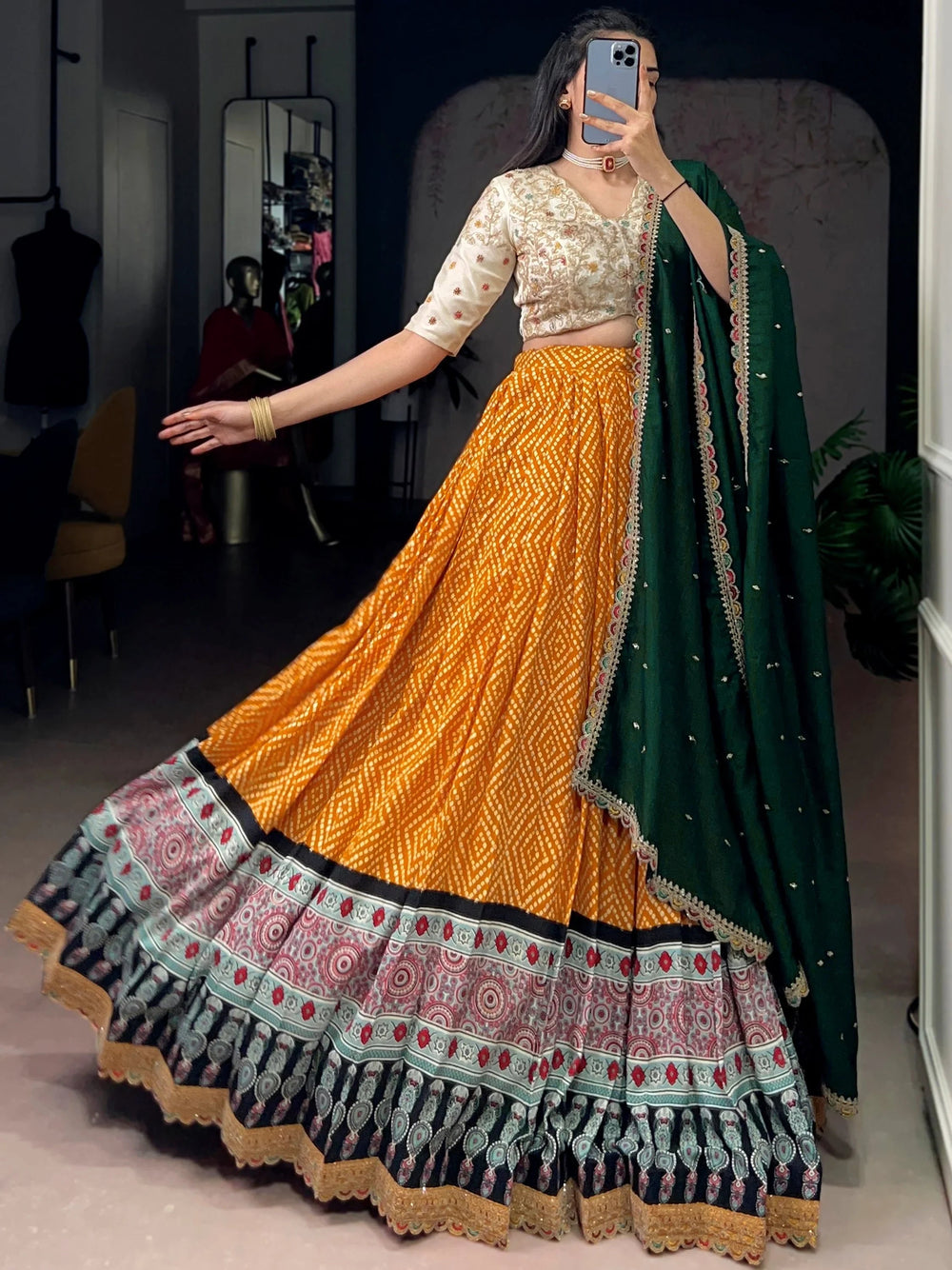 Yellow Rayon Bandhani Printed Haldi Wear Lehenga Choli