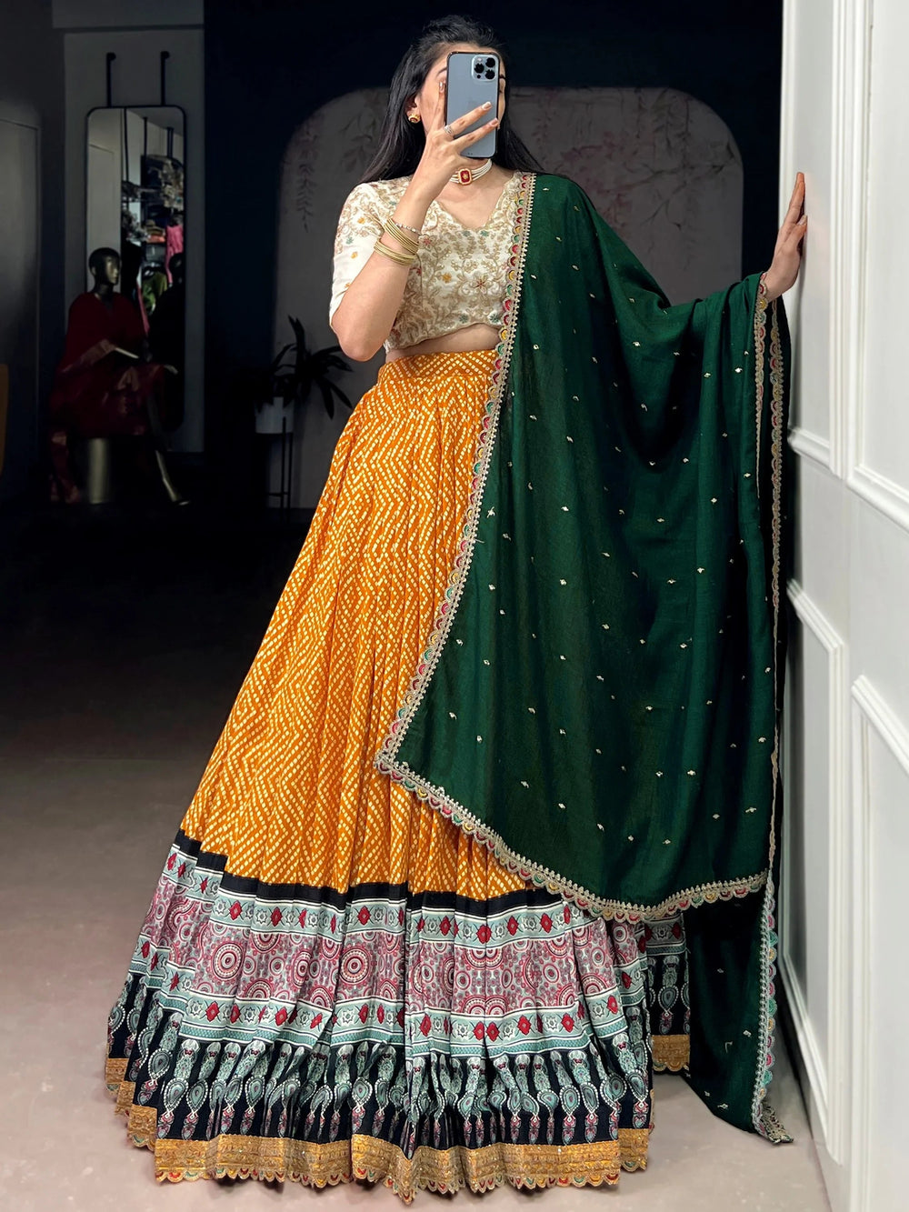 Yellow Rayon Bandhani Printed Haldi Wear Lehenga Choli