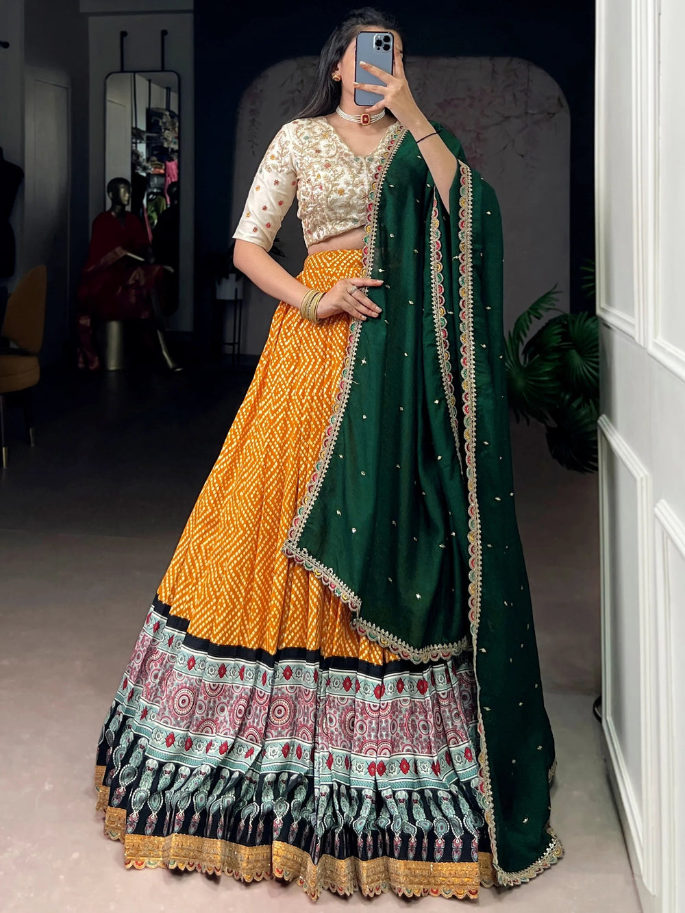 Yellow Rayon Bandhani Printed Haldi Wear Lehenga Choli