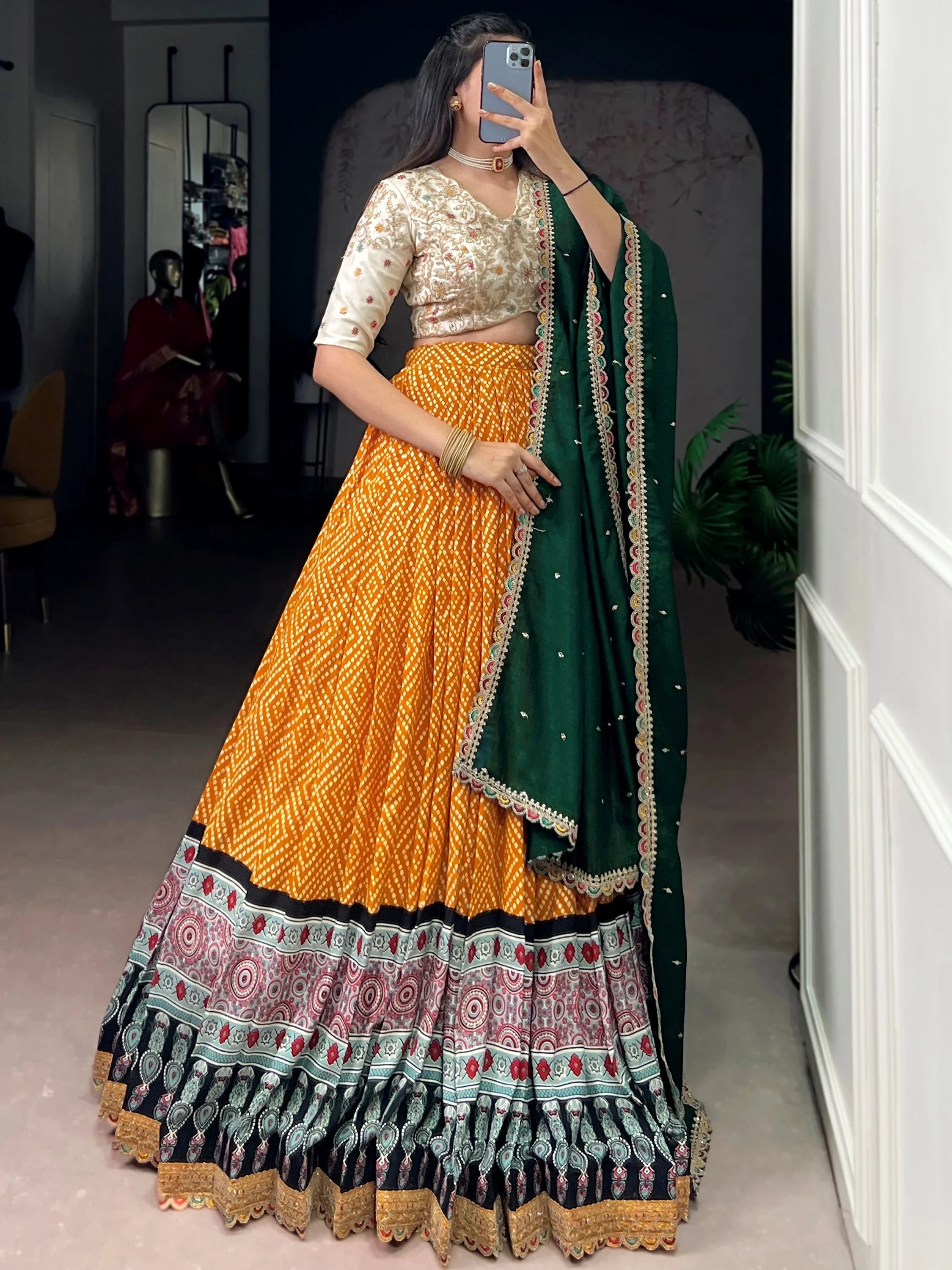 Yellow Rayon Bandhani Printed Haldi Wear Lehenga Choli