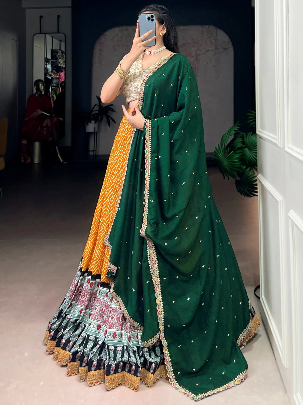 Yellow Rayon Bandhani Printed Haldi Wear Lehenga Choli