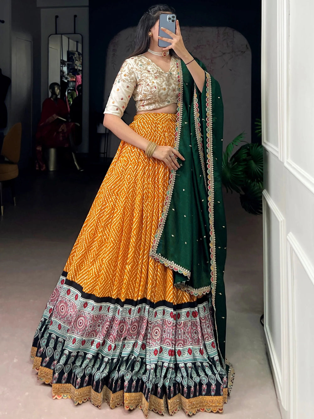 Yellow Rayon Bandhani Printed Haldi Wear Lehenga Choli