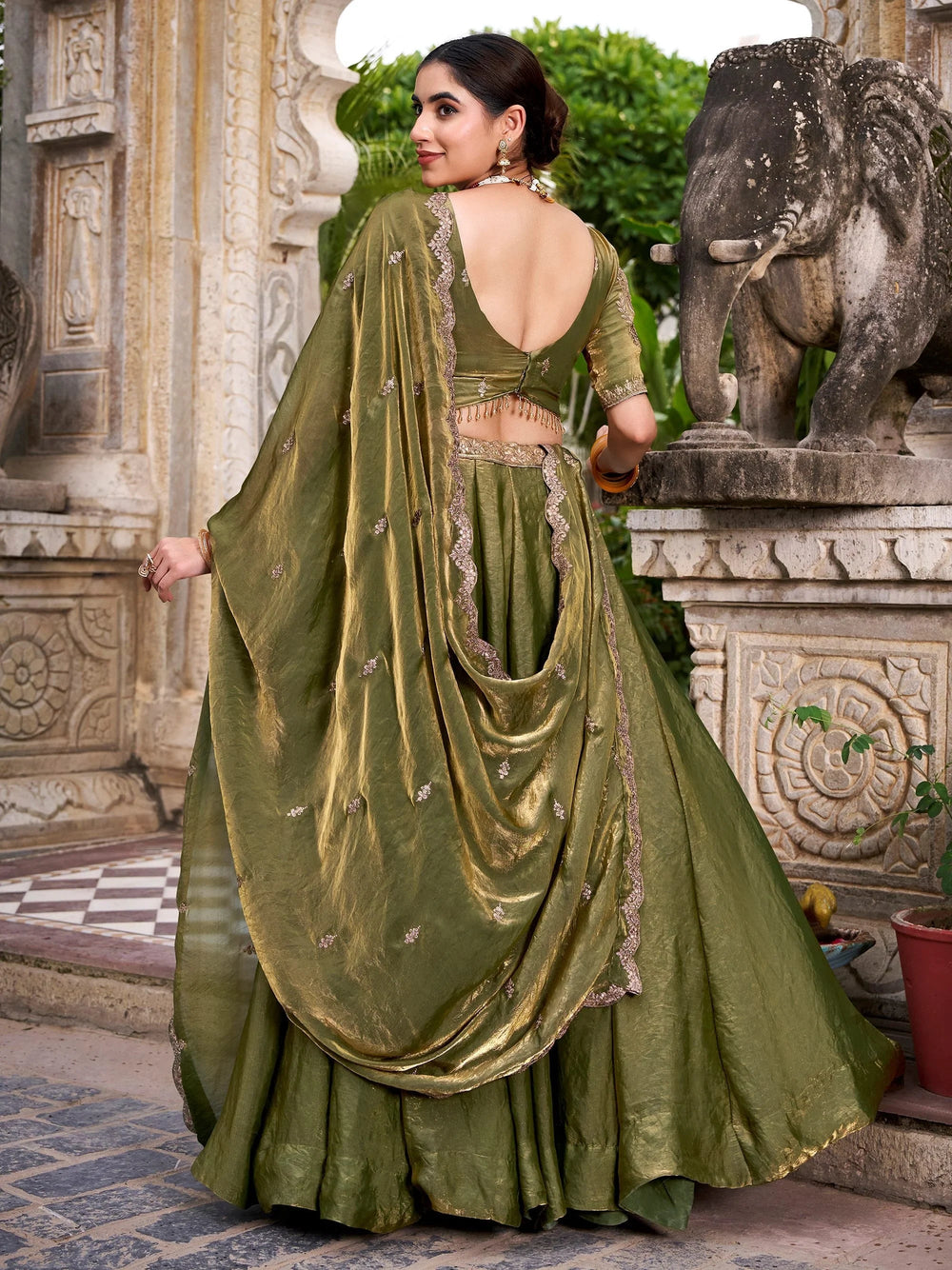 Green Organza Embroidered Bridesmaid Lehenga Choli for Women