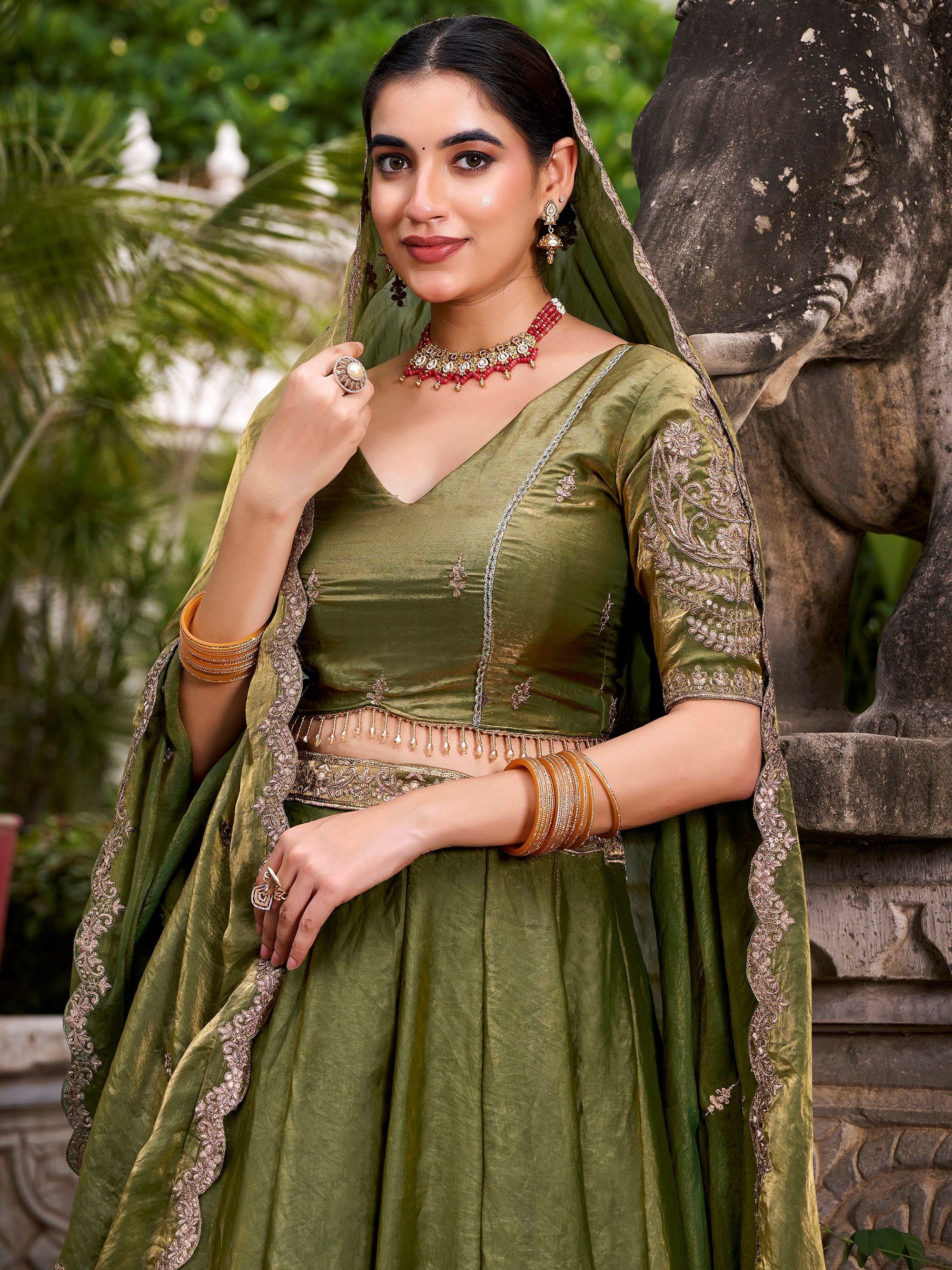 Green Organza Embroidered Bridesmaid Lehenga Choli for Women