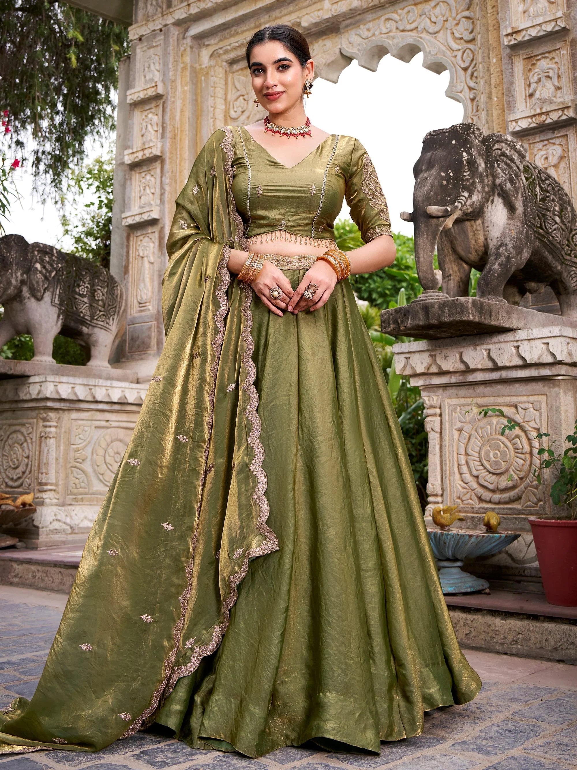 Green Organza Embroidered Bridesmaid Lehenga Choli for Women