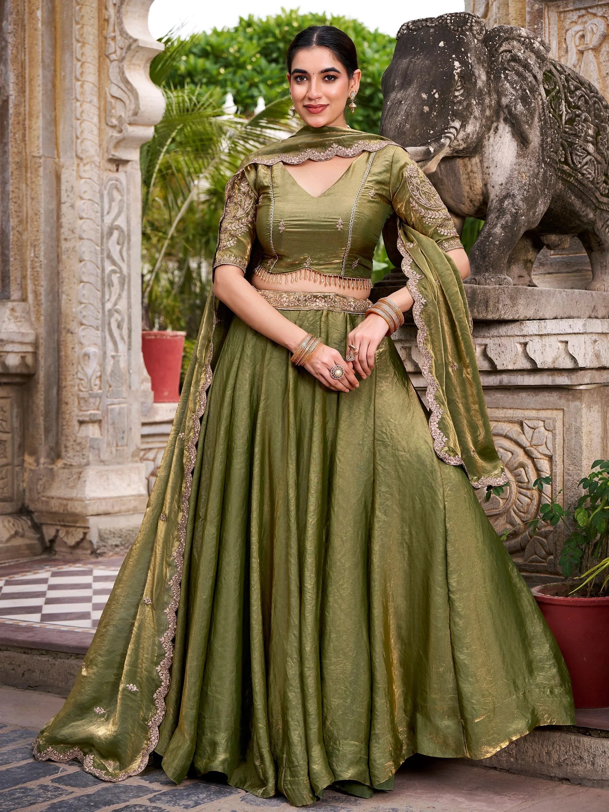 Green Organza Embroidered Bridesmaid Lehenga Choli for Women