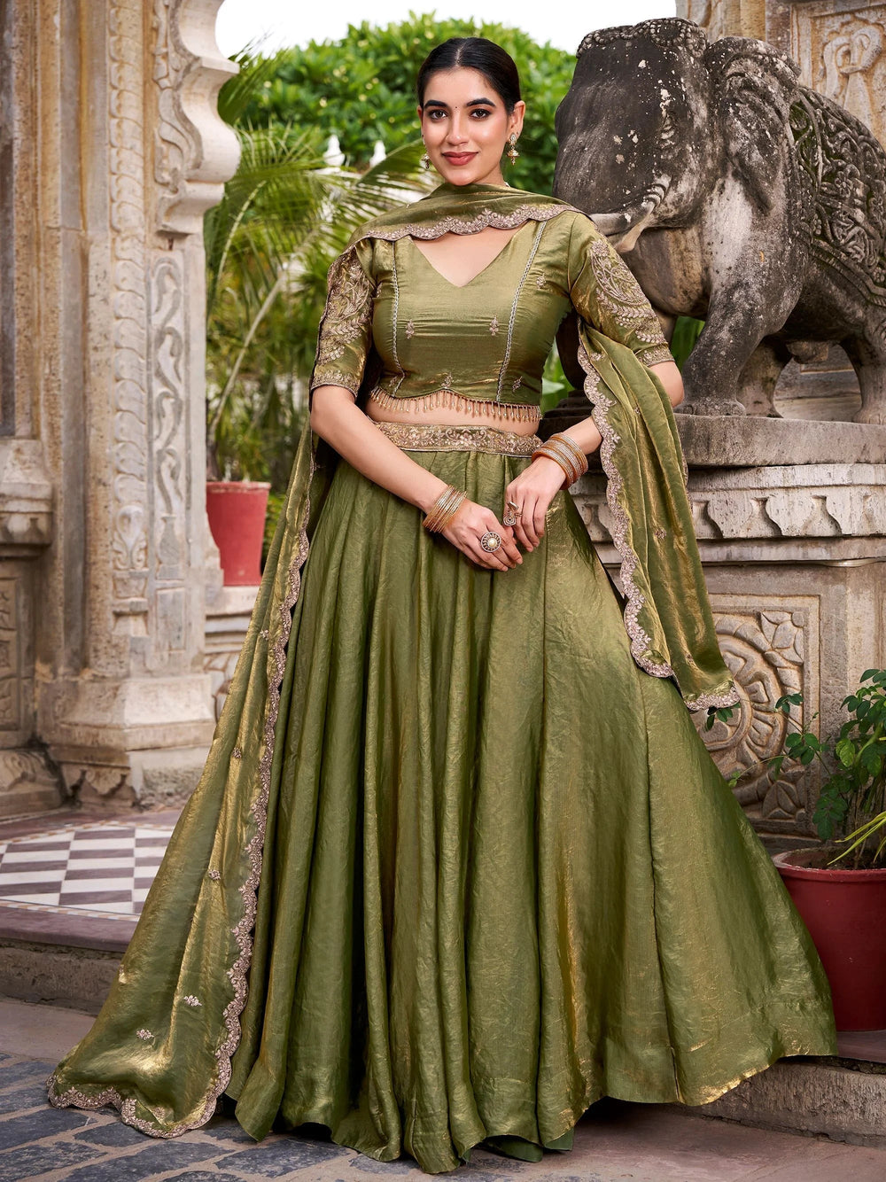 Green Organza Embroidered Bridesmaid Lehenga Choli for Women