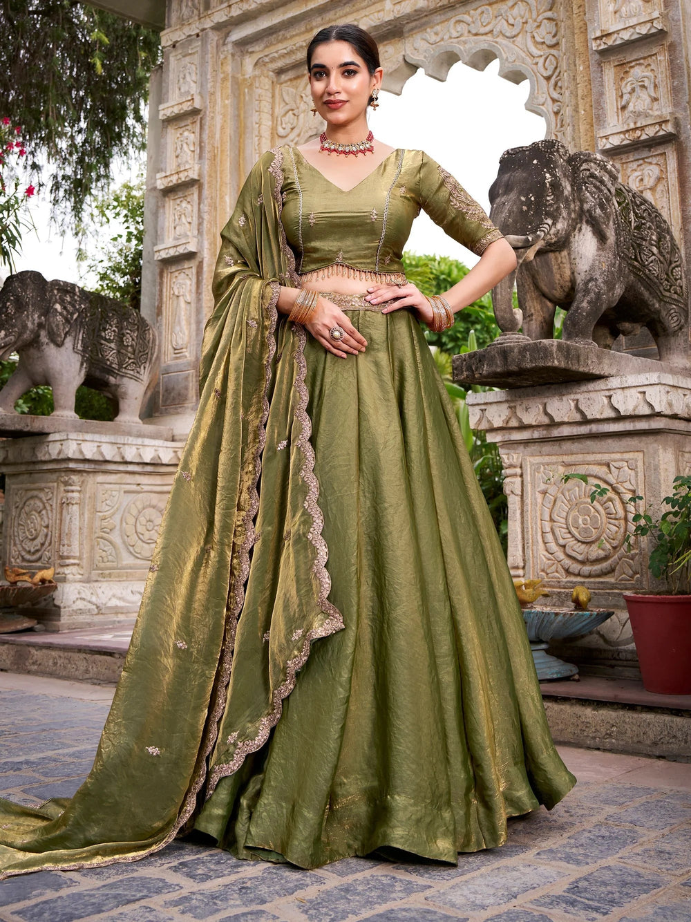 Green Organza Embroidered Bridesmaid Lehenga Choli for Women