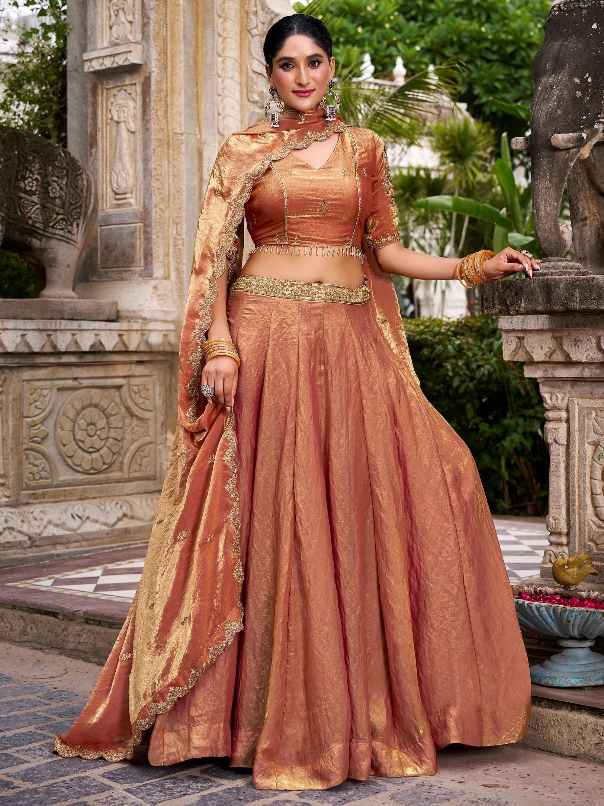 Orange Organza Embroidered Wedding Wear Lehenga Choli for Women