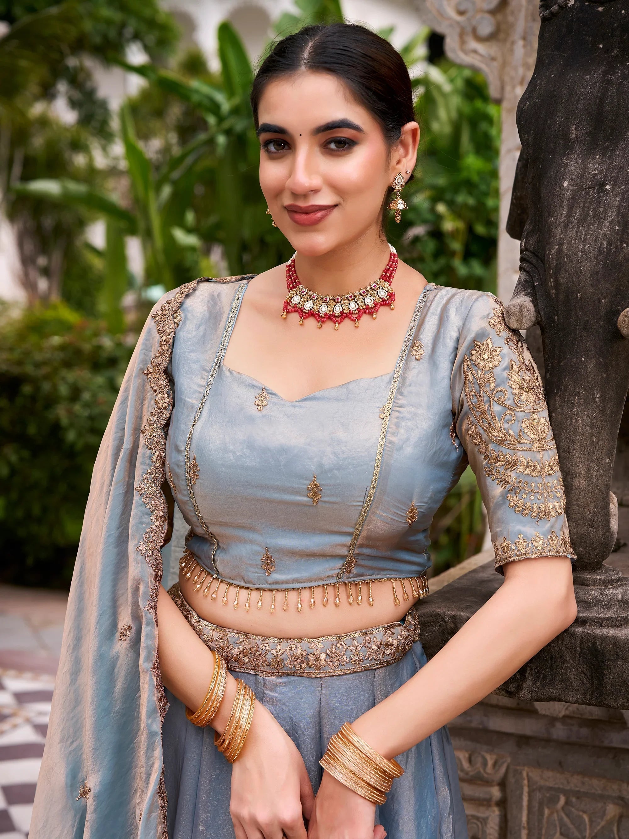 Sky Blue Organza Embroidered Bridesmaid Lehenga Choli for Women
