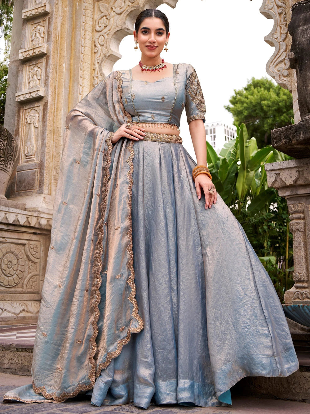 Sky Blue Organza Embroidered Bridesmaid Lehenga Choli for Women