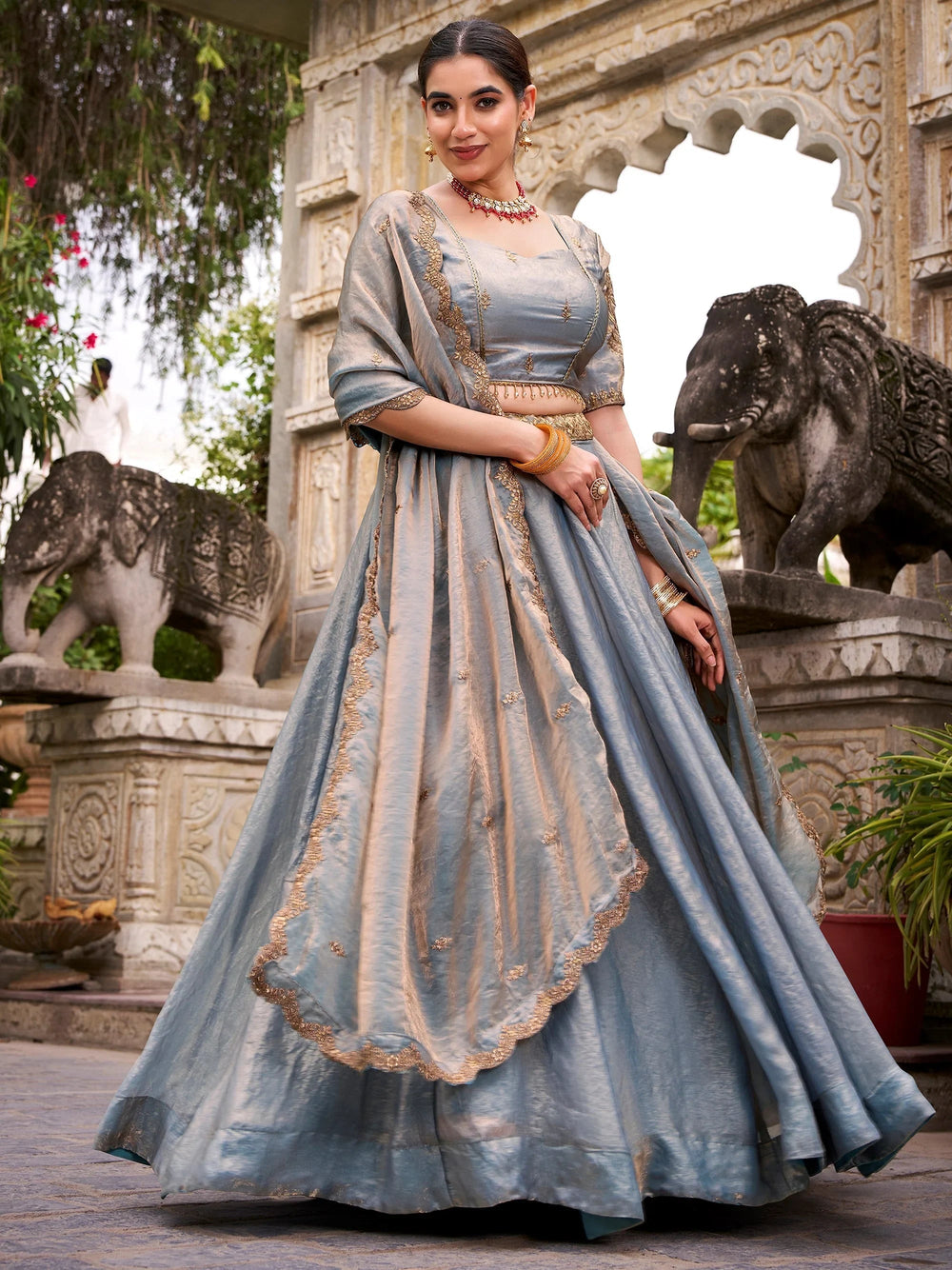 Sky Blue Organza Embroidered Bridesmaid Lehenga Choli for Women