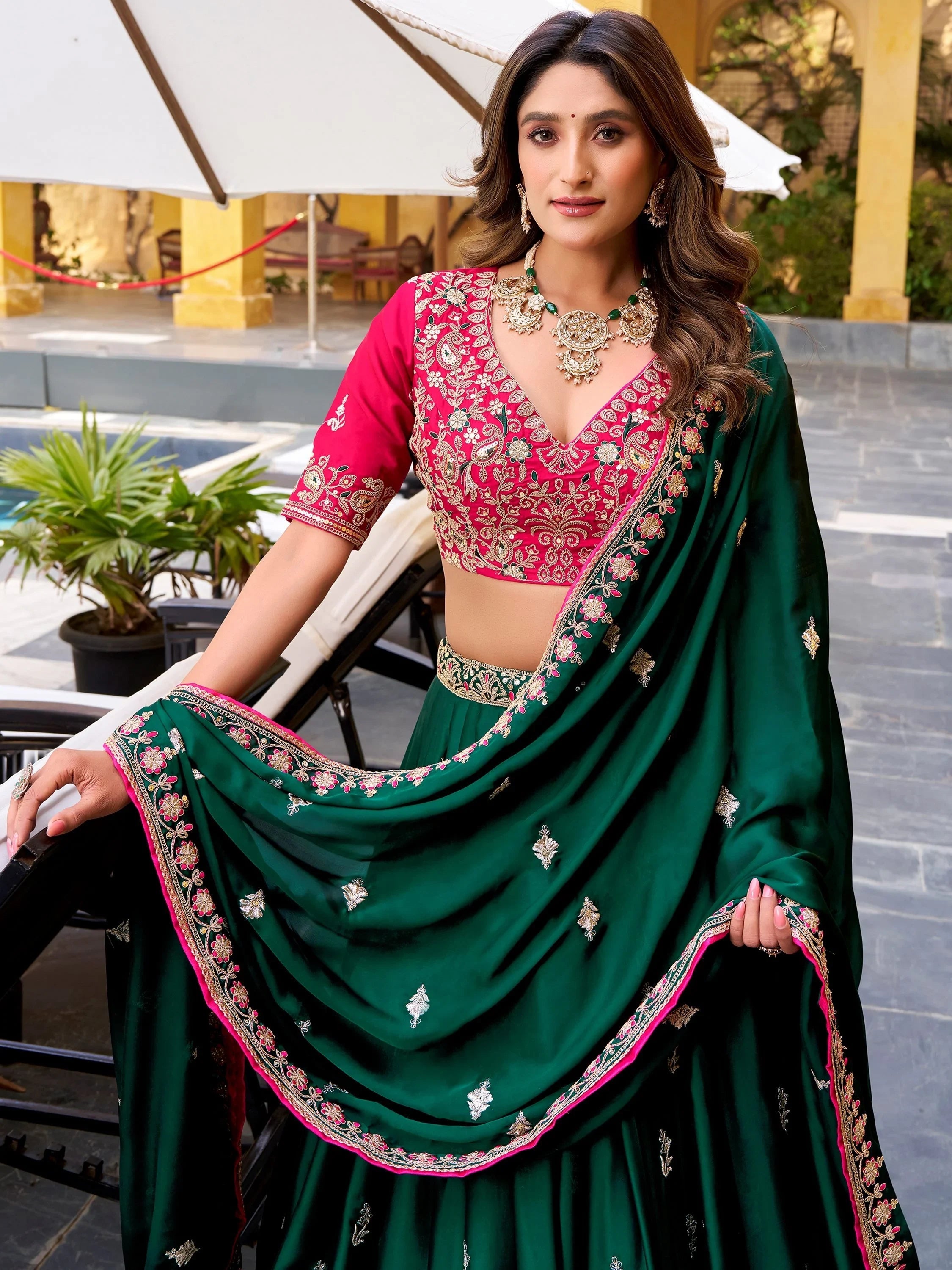 Green Silk Embroidered Wedding Wear Lehenga Choli for Women