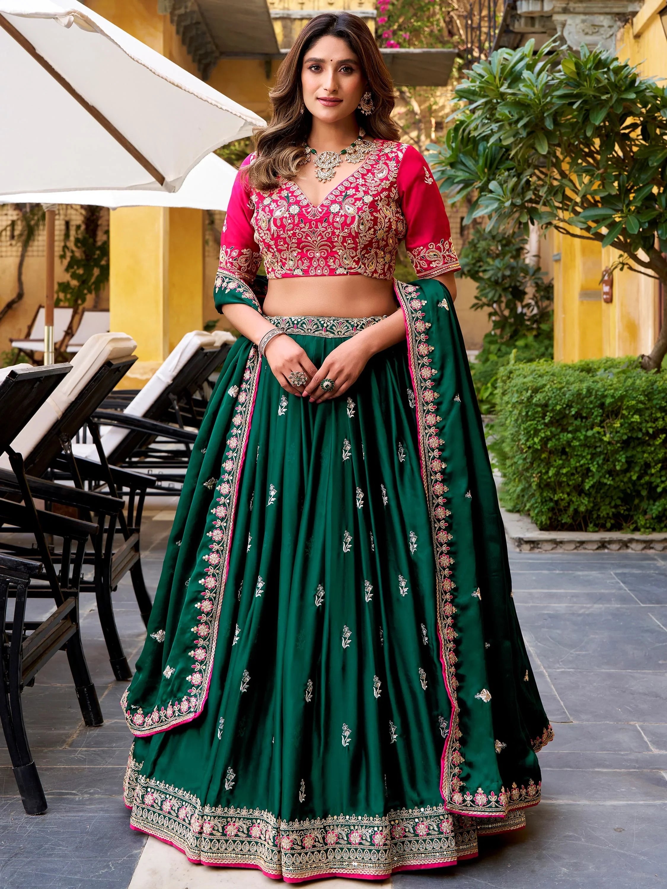 Green Silk Embroidered Wedding Wear Lehenga Choli for Women