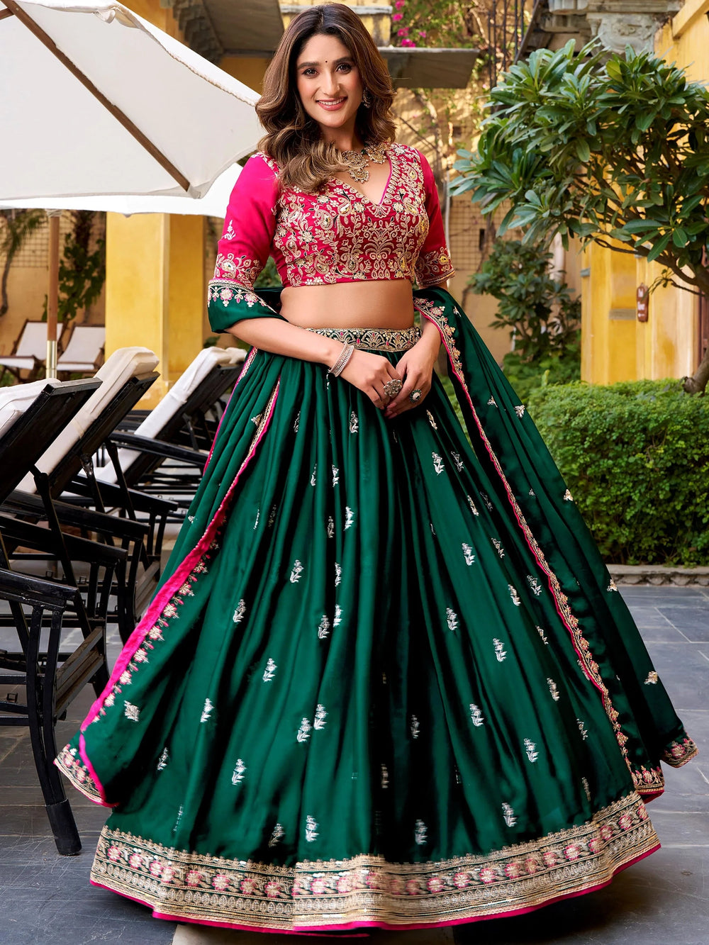Green Silk Embroidered Wedding Wear Lehenga Choli for Women