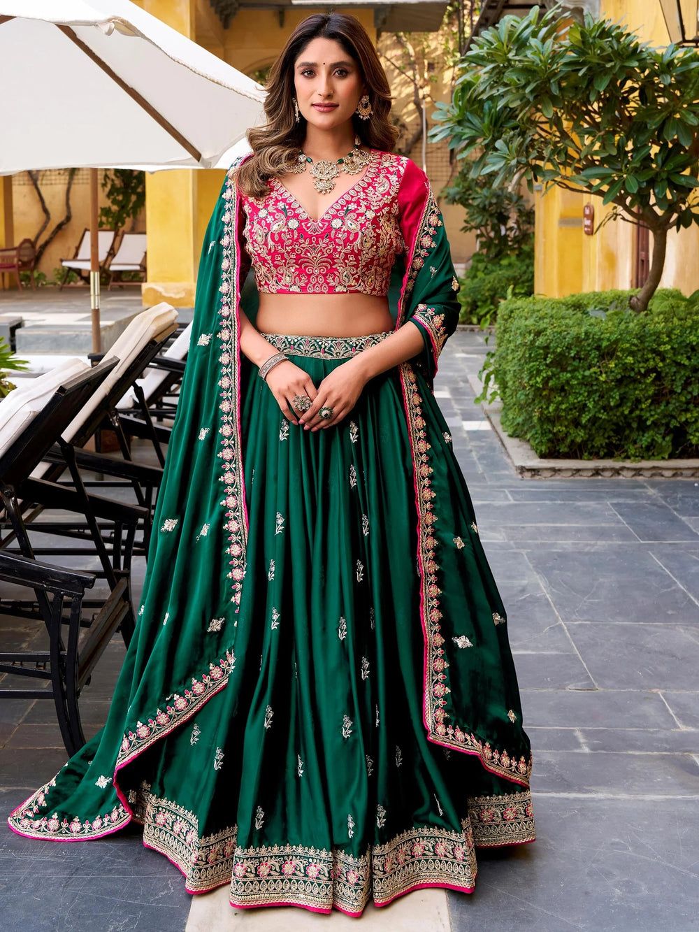 Green Silk Embroidered Wedding Wear Lehenga Choli for Women