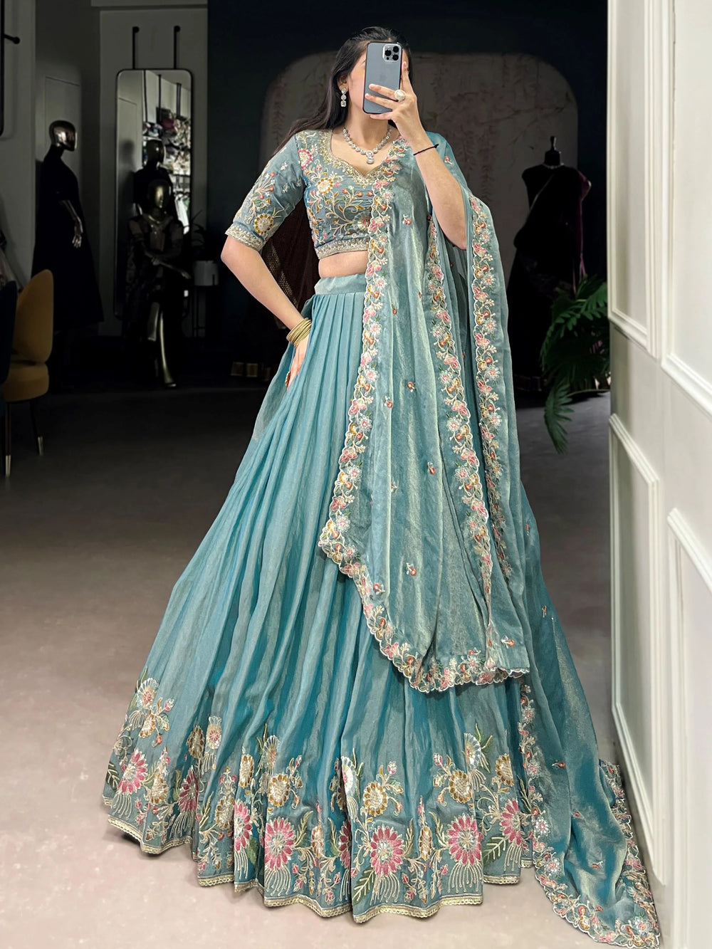 Sky Blue Organza Zari Weaving Engagement Lehenga Choli for Women
