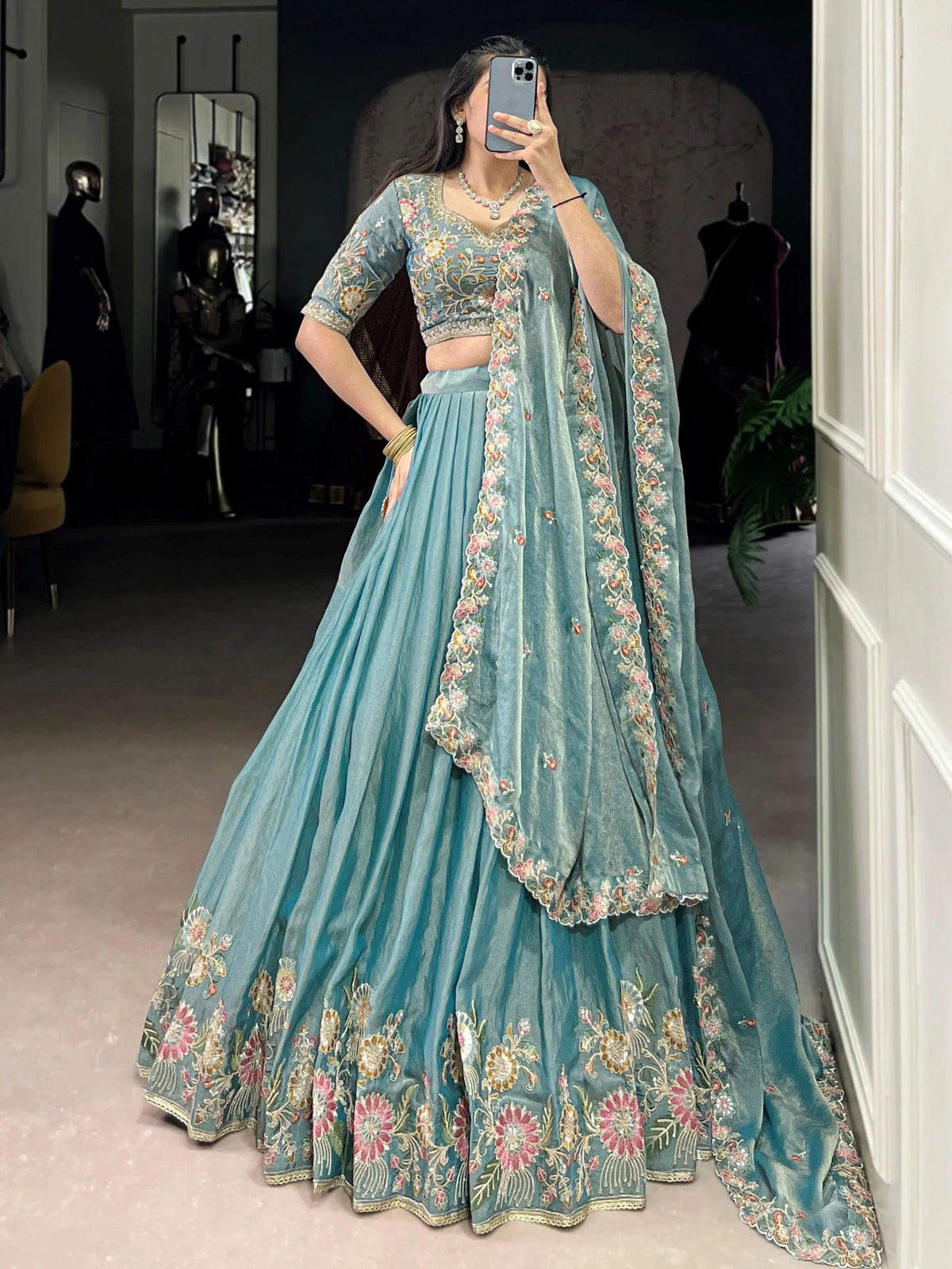 Sky Blue Organza Zari Weaving Engagement Lehenga Choli for Women