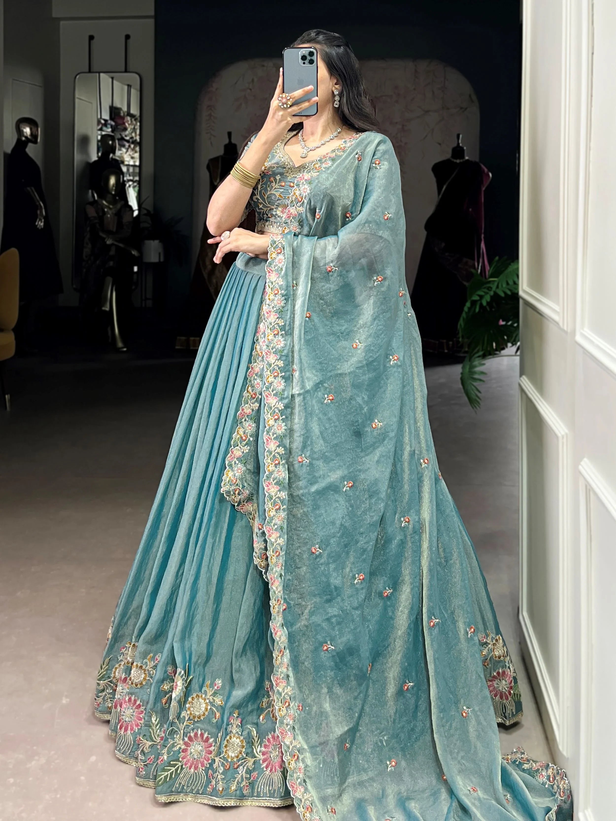 Sky Blue Organza Zari Weaving Engagement Lehenga Choli for Women
