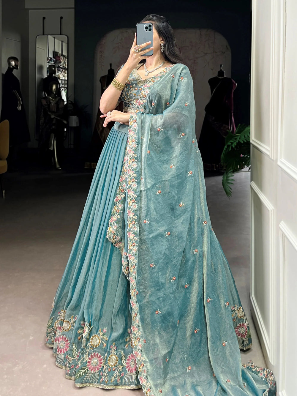 Sky Blue Organza Zari Weaving Engagement Lehenga Choli for Women