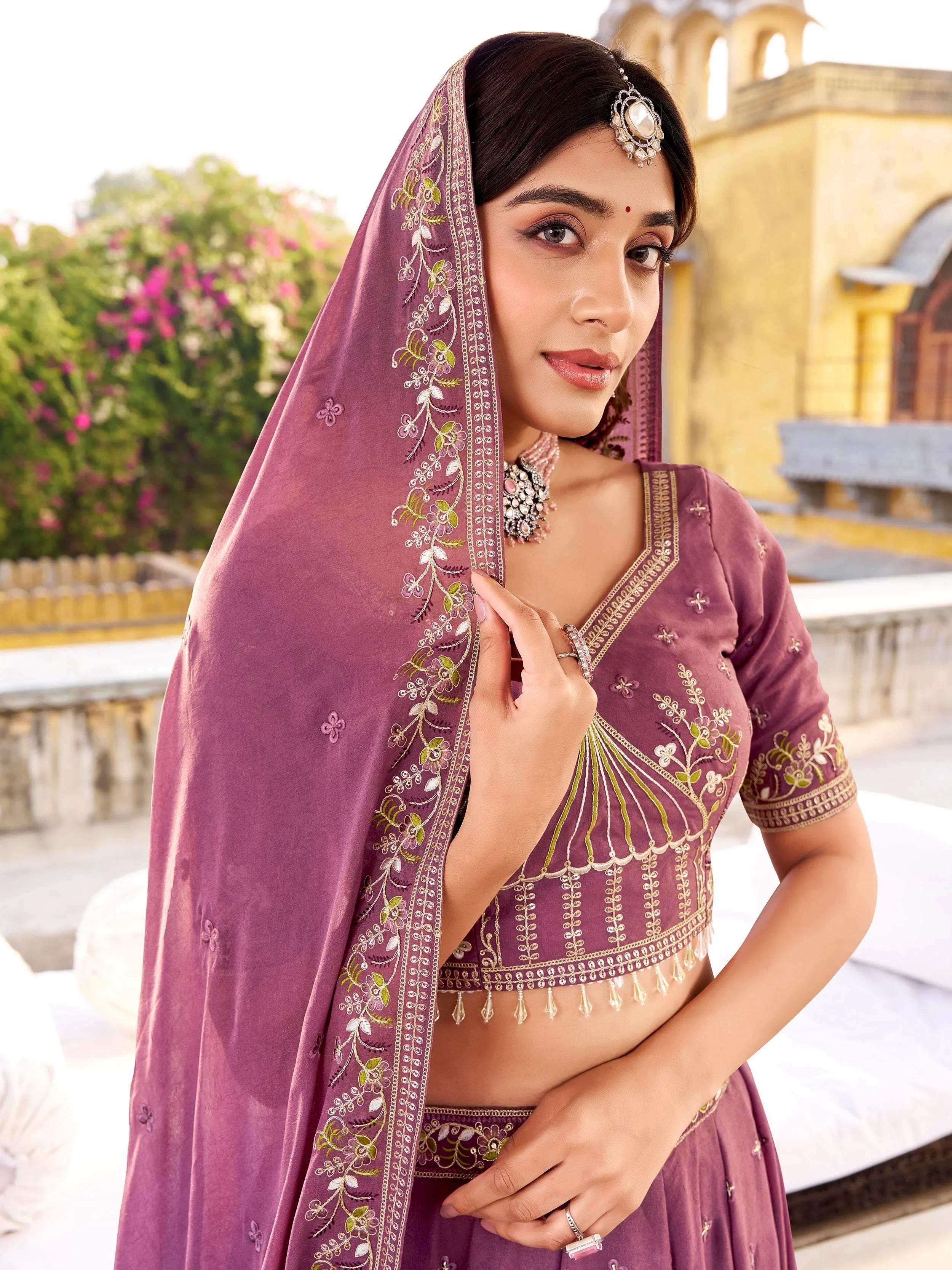 Lavender Silk Thread Embroidered Wedding Lehenga Choli for Women