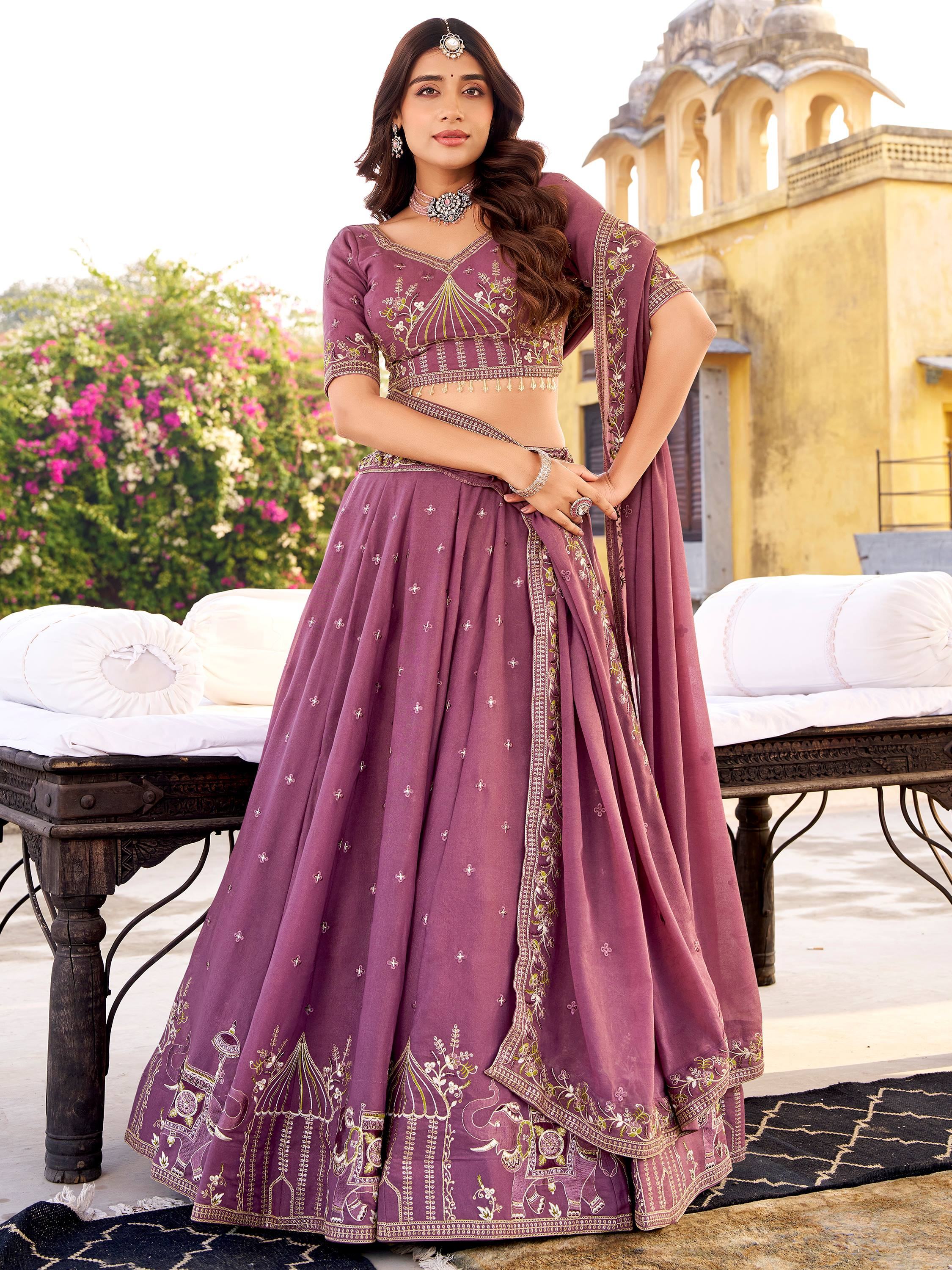 Lavender Silk Thread Embroidered Wedding Lehenga Choli for Women