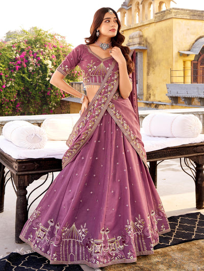 Lavender Silk Thread Embroidered Wedding Lehenga Choli for Women
