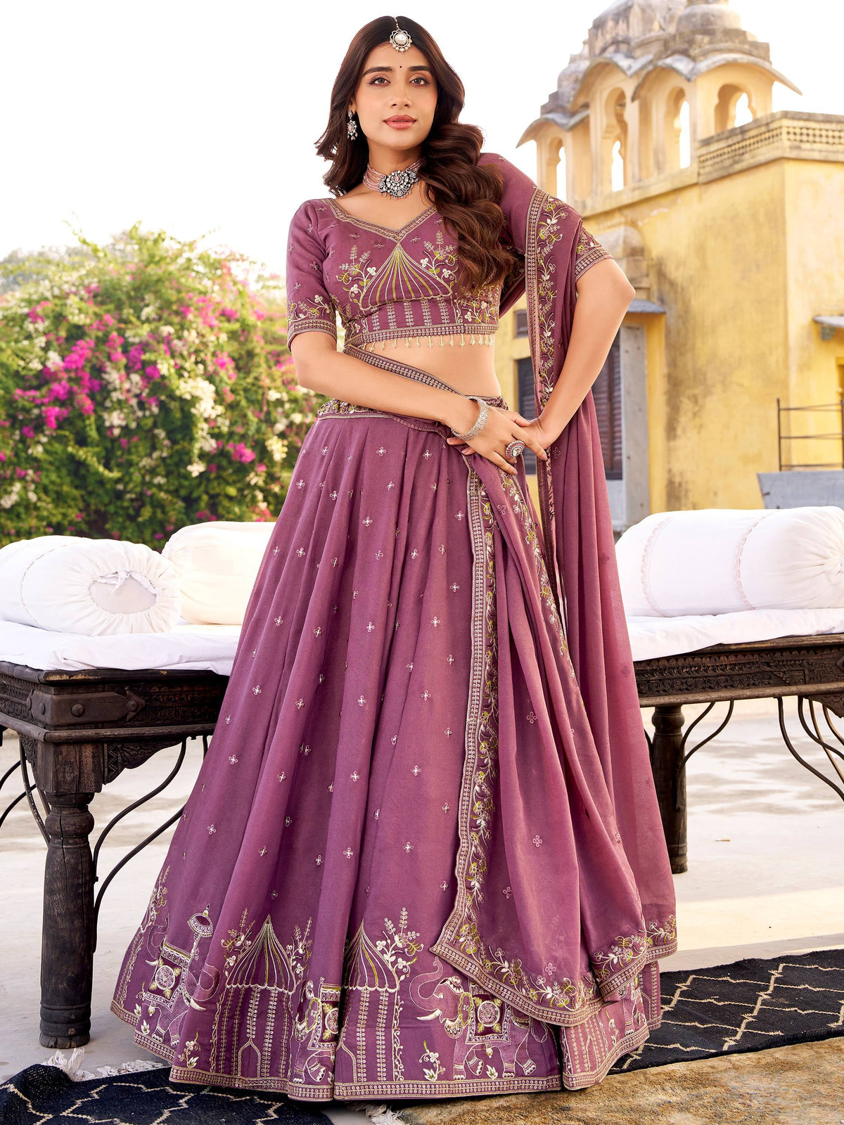 Lavender Silk Thread Embroidered Wedding Lehenga Choli for Women