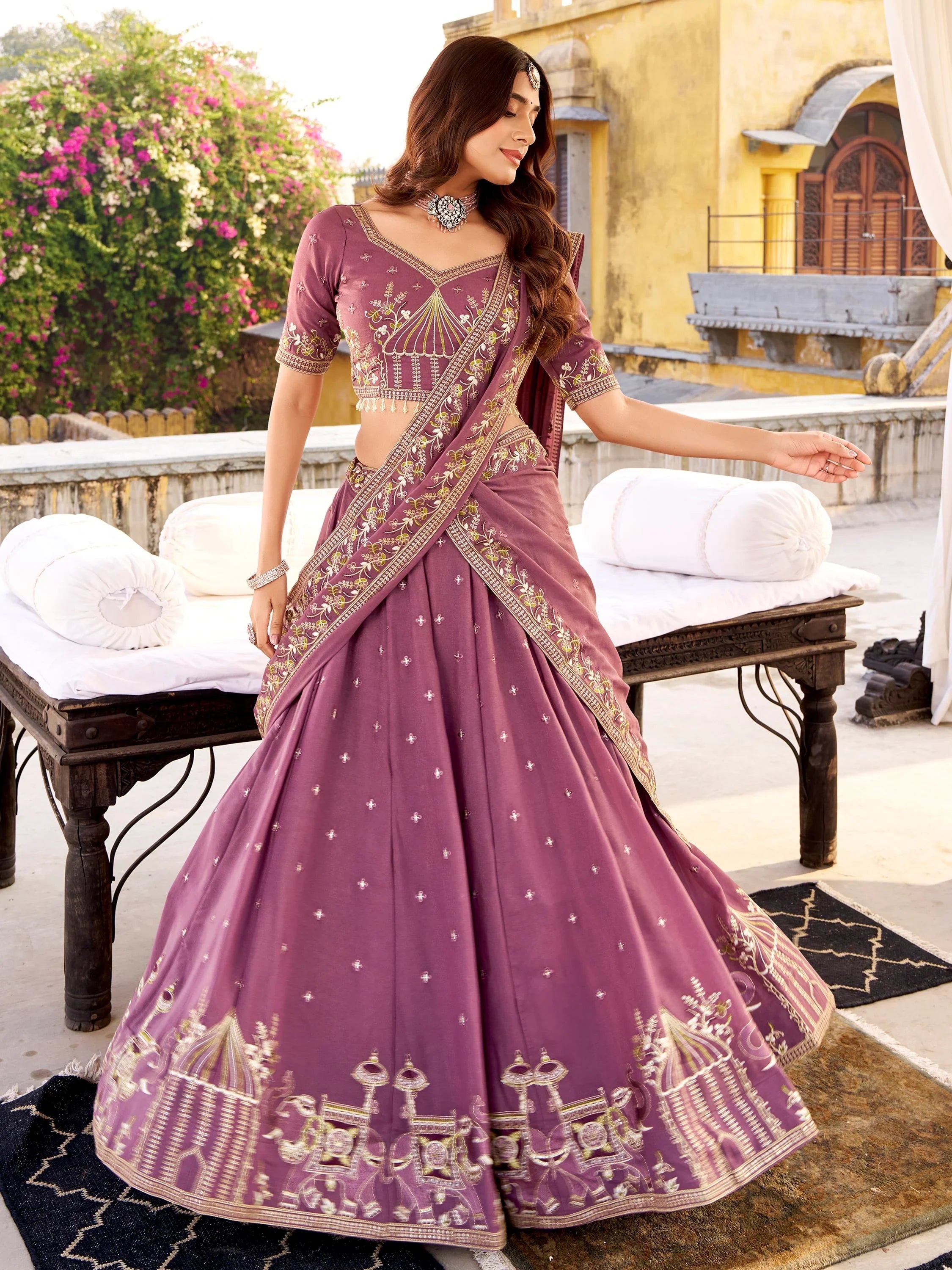 Lavender Silk Thread Embroidered Wedding Lehenga Choli for Women