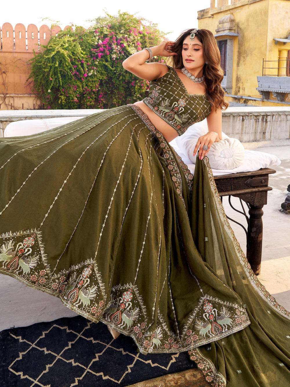 Green Silk Sequins Engagement Wear Lehenga Choli for Women