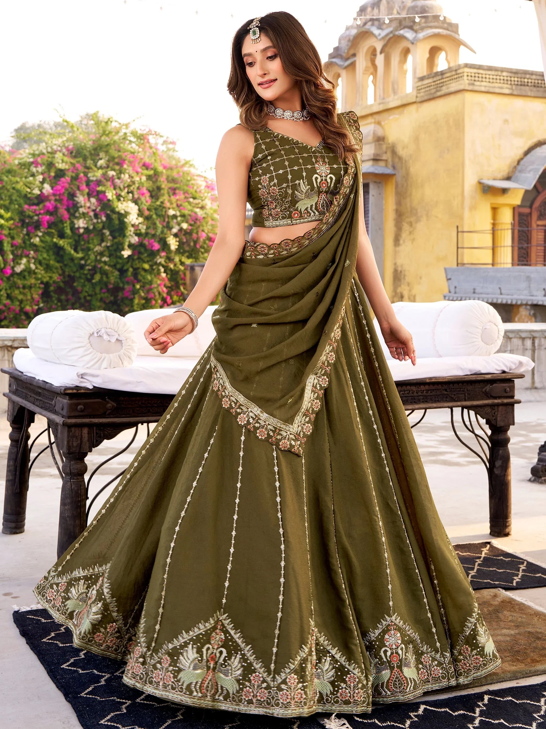 Green Silk Sequins Engagement Wear Lehenga Choli for Women