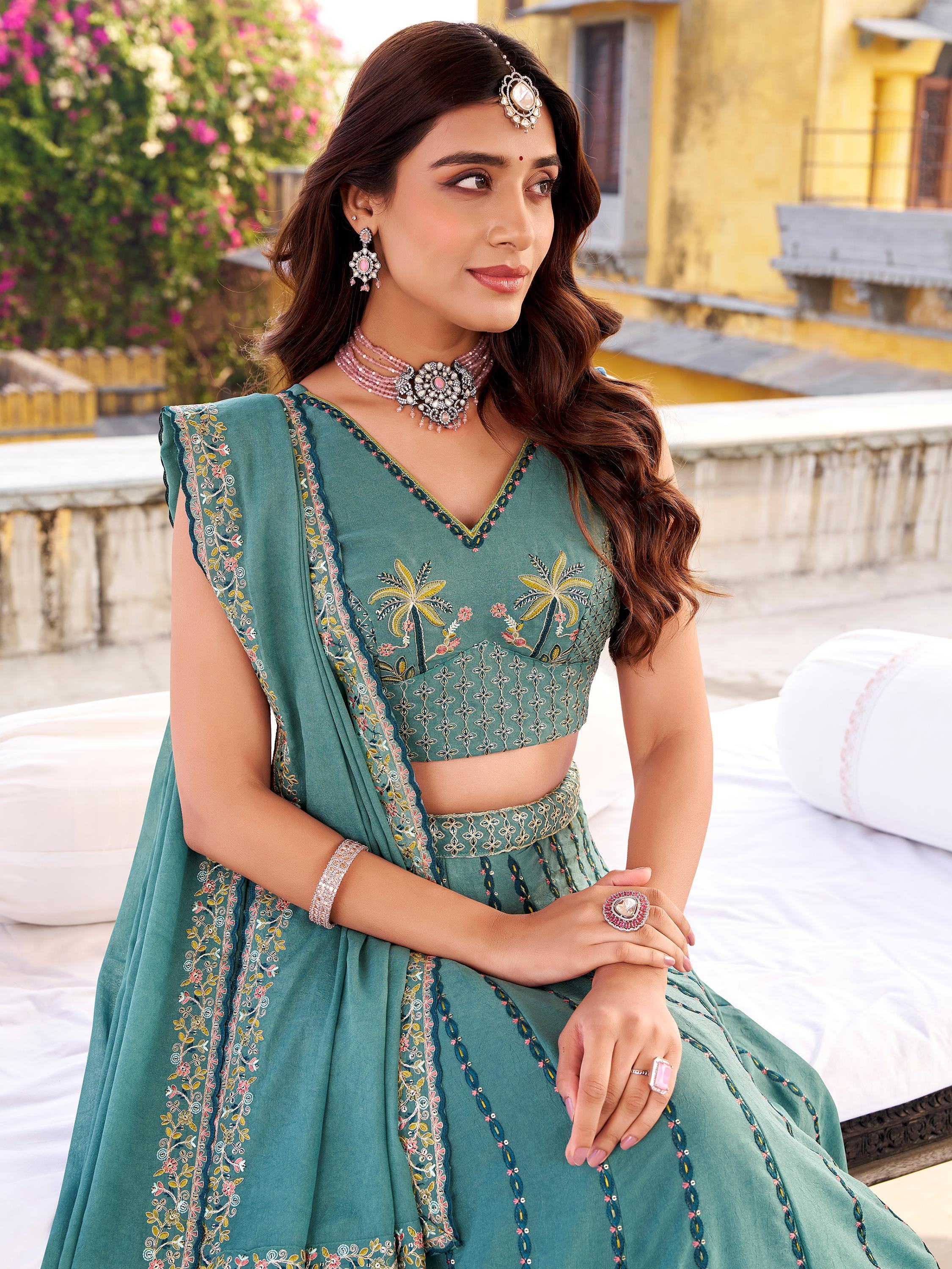Sky Blue Silk Embroidered Festival Wear Lehenga Choli for Women