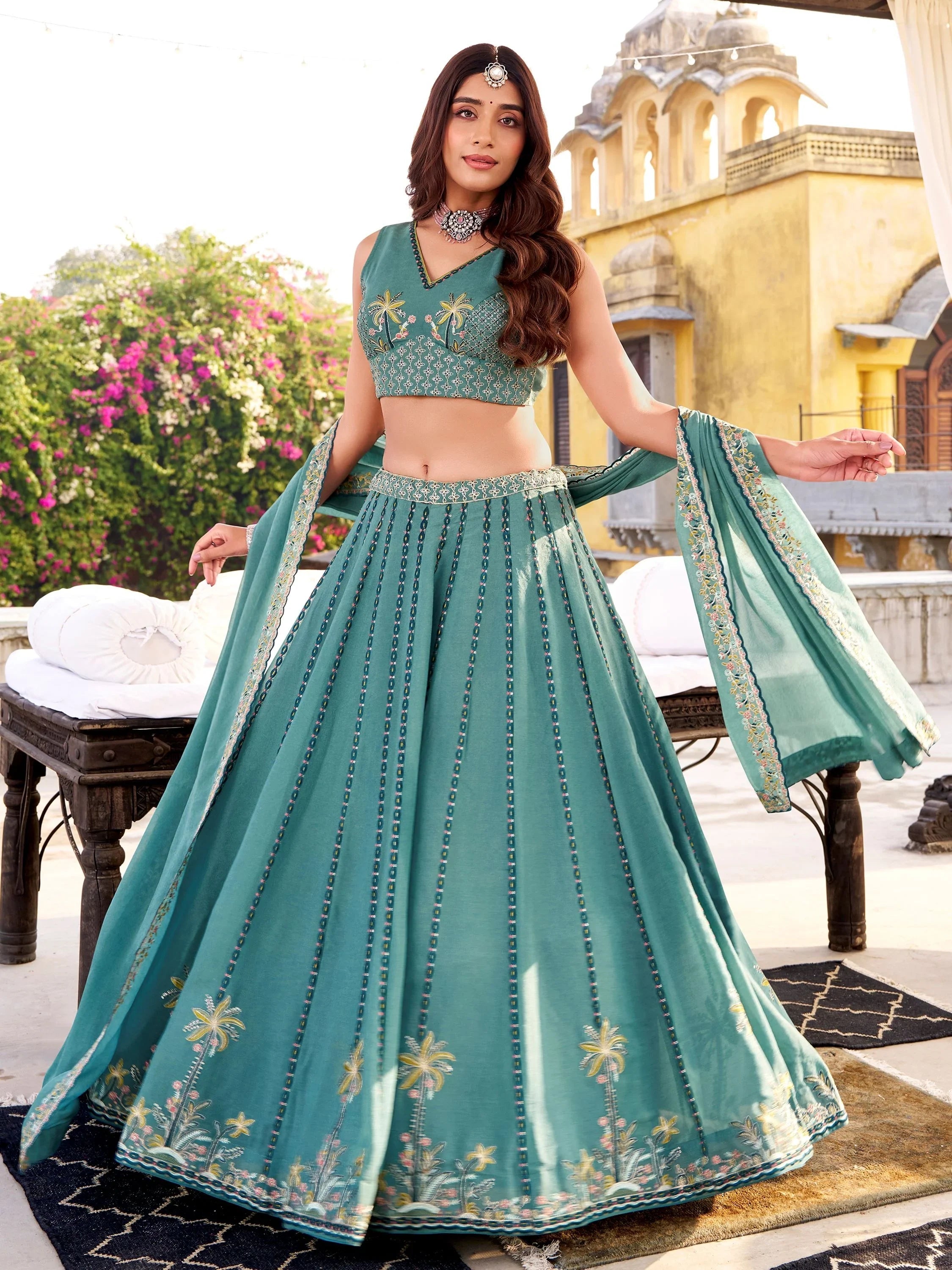 Sky Blue Silk Embroidered Festival Wear Lehenga Choli for Women