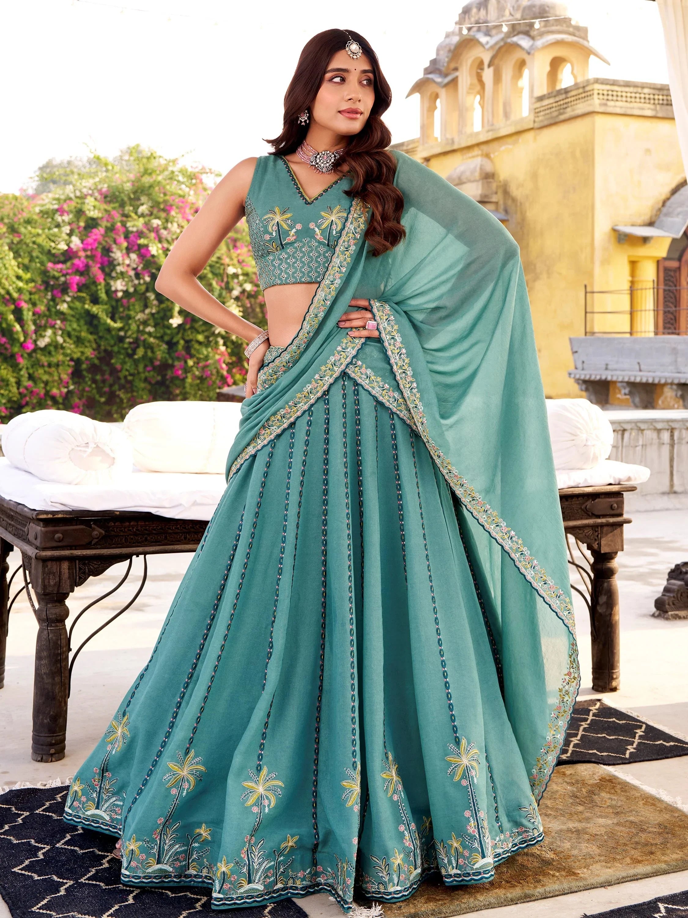 Sky Blue Silk Embroidered Festival Wear Lehenga Choli for Women
